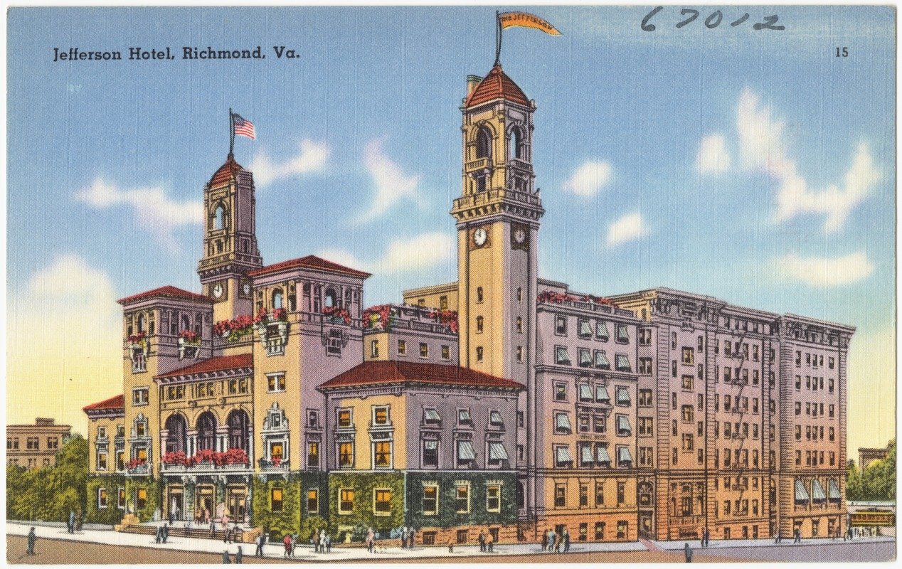 Illustration of the Jefferson Hotel in Richmond, Virginia with its grand architecture, clock tower, and flags, set against a blue sky with clouds.