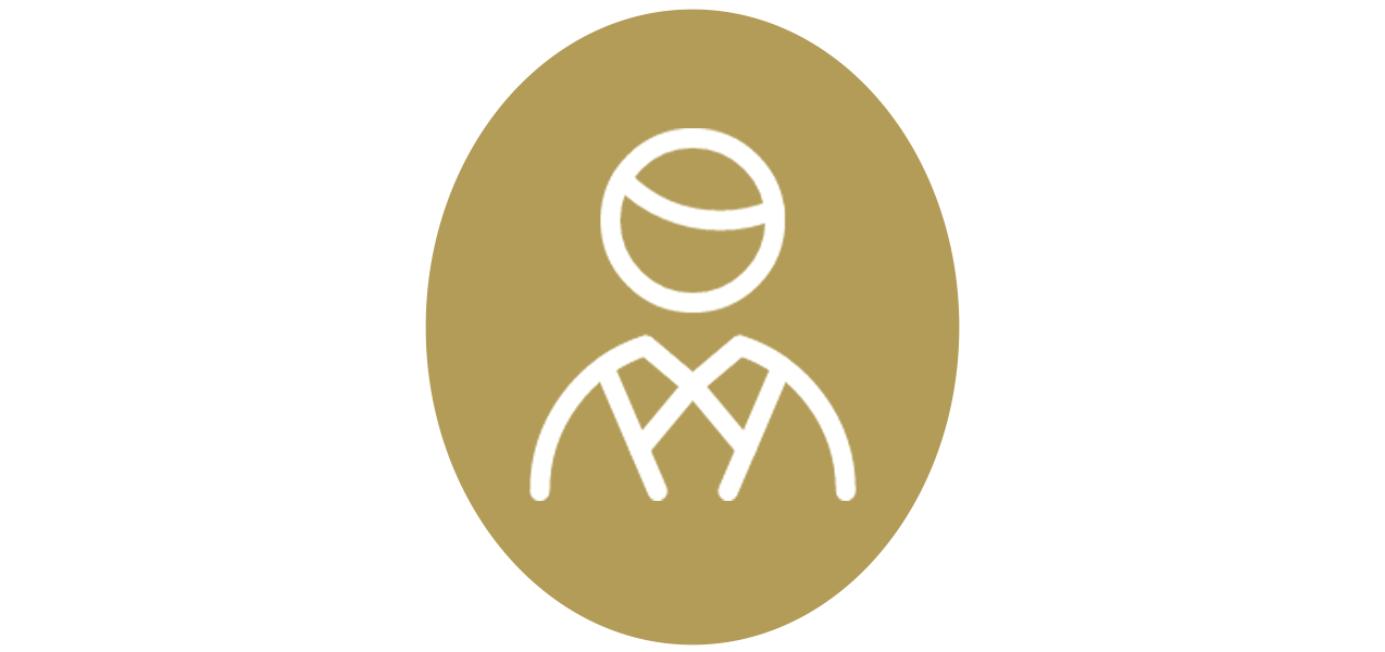 Line drawing of a person with a short hairstyle, smiling, wearing a dress or coat with a collar, on a beige oval background.