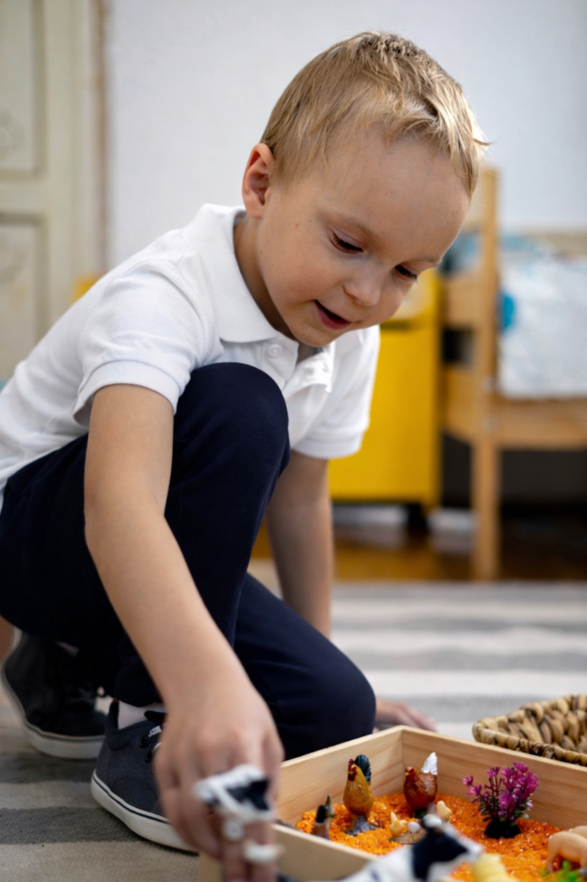 A young boy crouches on the floor, playing with toy chickens in a wooden sandbox filled with orange material and decorative flowers.