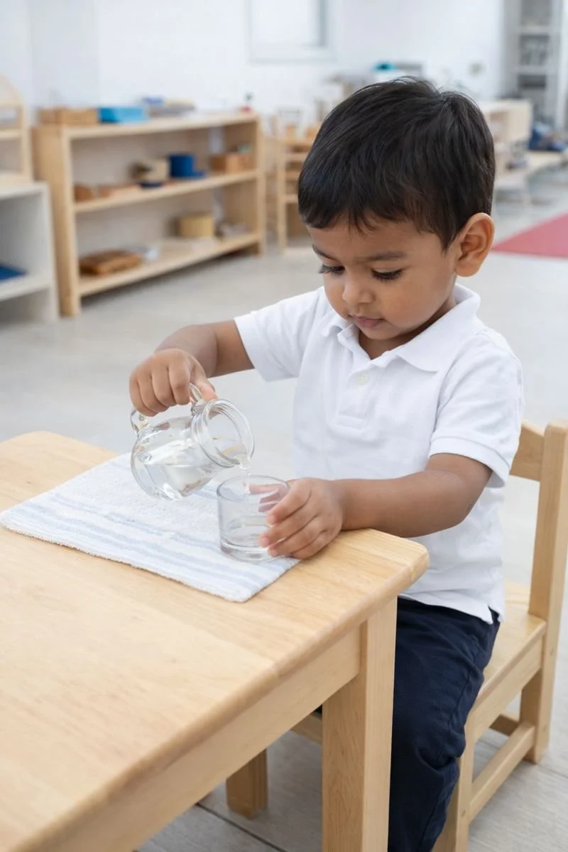 A young boy pouring water from a glass pitcher into a glass on a wooden table in a classroom setting.