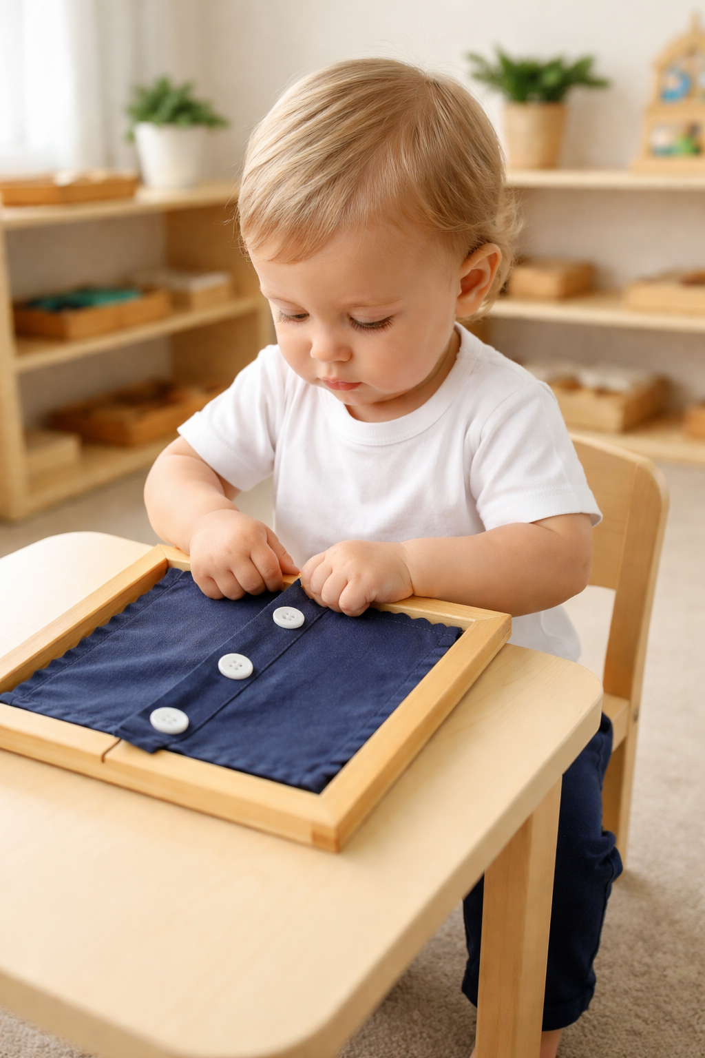A young child seated at a light wooden table, engaging in a folded fabric activity with three white buttons sewn onto a dark blue cloth, in a classroom setting.