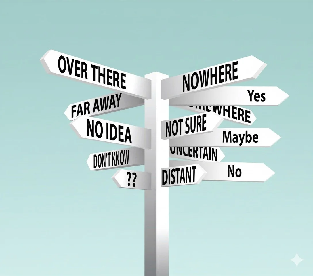 Signpost with multiple directional signs displaying words like 'Over There,' 'Far Away,' 'No Idea,' 'Don't Know,' 'Nowhere,' 'Yes,' 'Maybe,' 'Not Sure,' 'Uncertain,' 'Distant,' and 'No.'