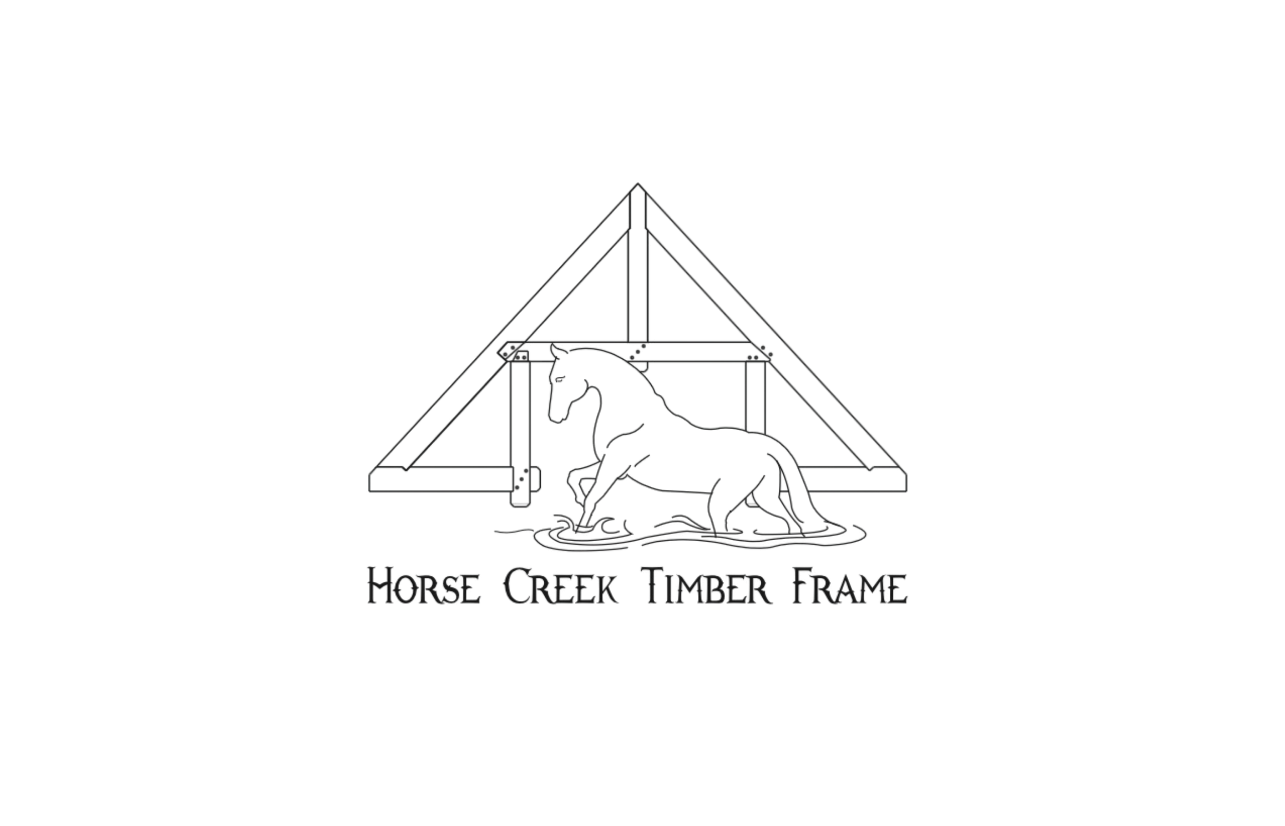 Logo for Horse Creek Timber Frame, featuring a stylized outline of a horse shaping a timber frame with a mountain peak in the background.