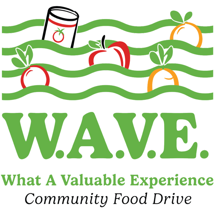 Logo for W.A.V.E. Community Food Drive featuring stylized waves with vegetables and canned goods, and the text 'What A Valuable Experience' and 'Community Food Drive'.