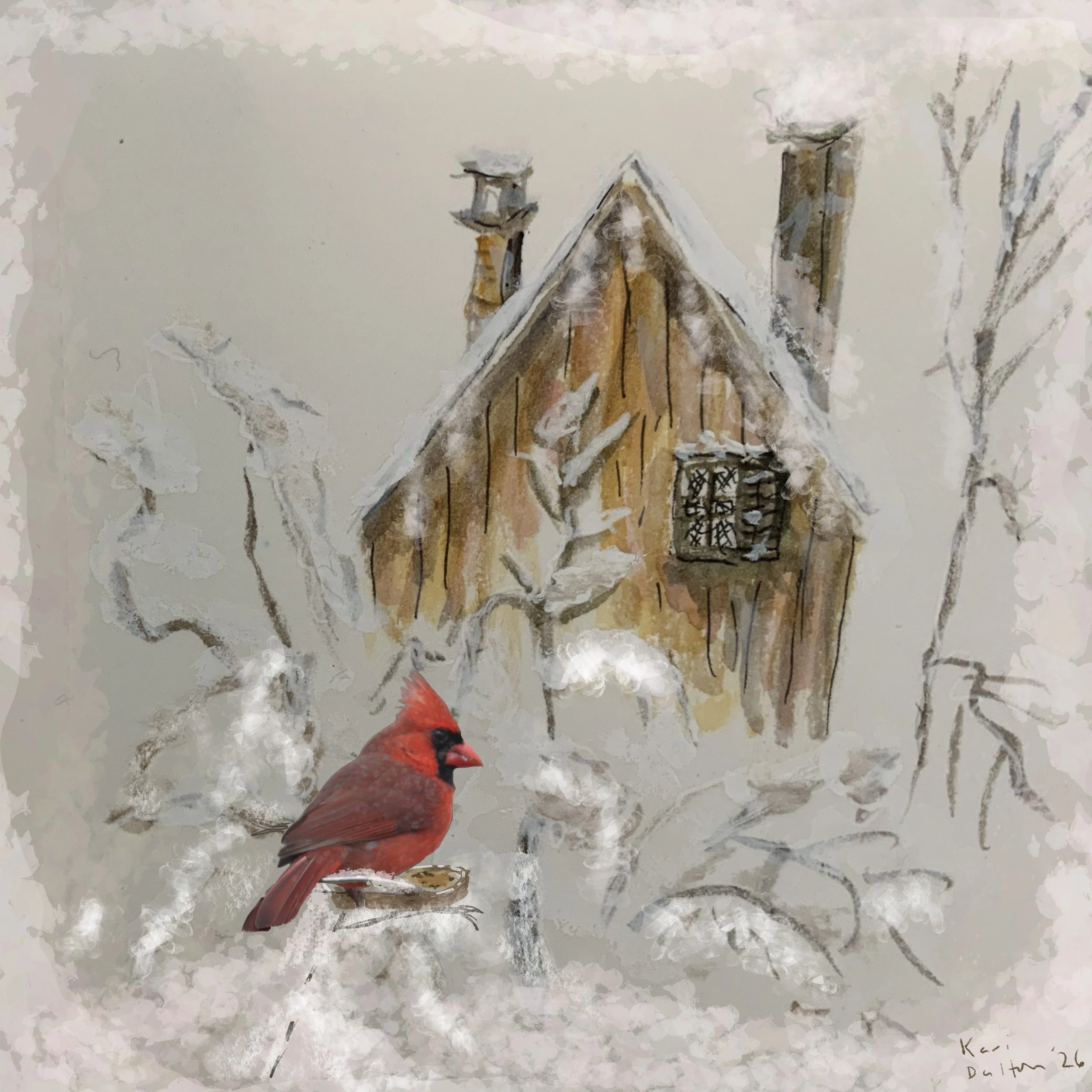Cardinal and cabin