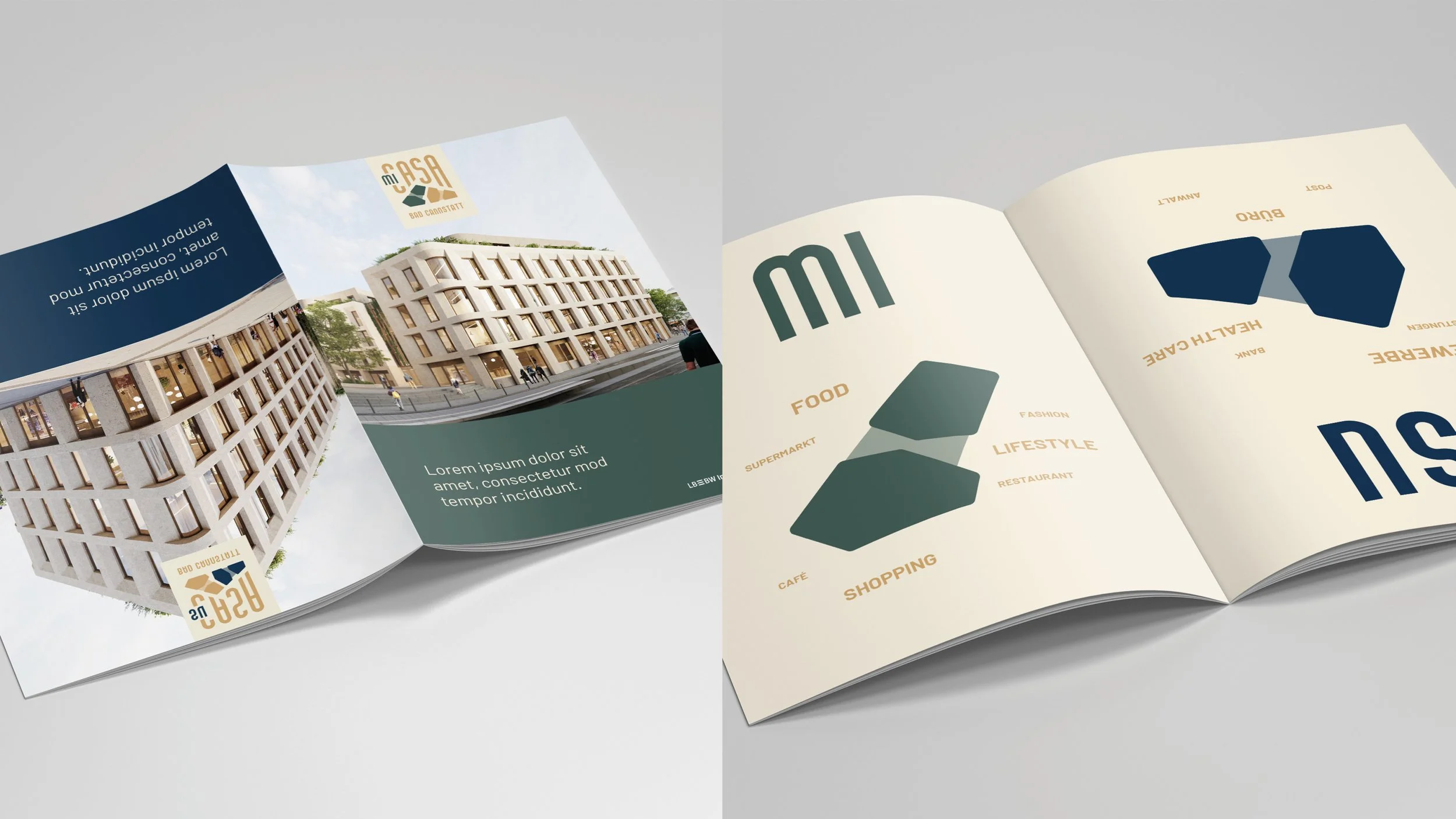 Apartments and a brochure for a real estate project with building renderings and marketing information in both German and English.