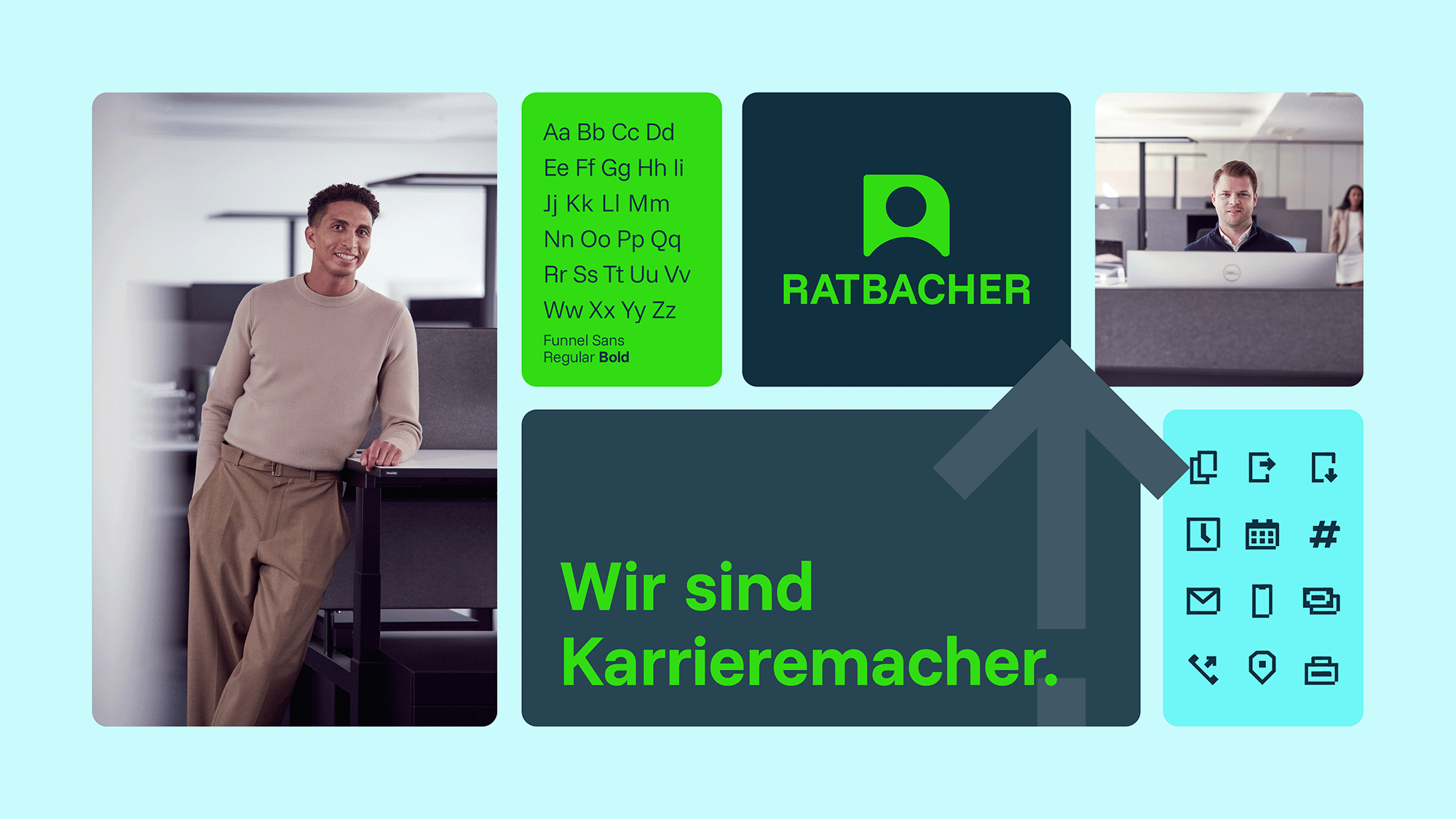 Ein Mann steht in einem modernen Büro und lächelt. Das Bild enthält auch eine Grafik mit einem Logo, Alphabet in verschiedenen Schriftarten, Kontakt- und Kommunikationssymbolen sowie Text, der auf Deutsch sagt, dass sie Karriere machen wollen.