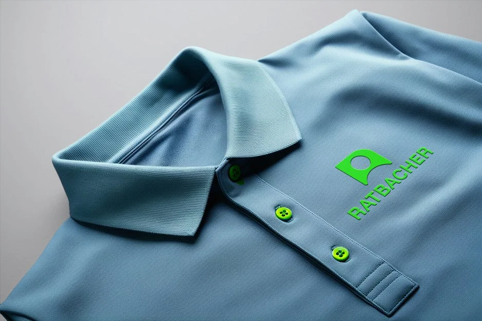Ein hellblaues Polo-Hemd mit grünem Logo und Text, das auf einer flachen Oberfläche liegt.