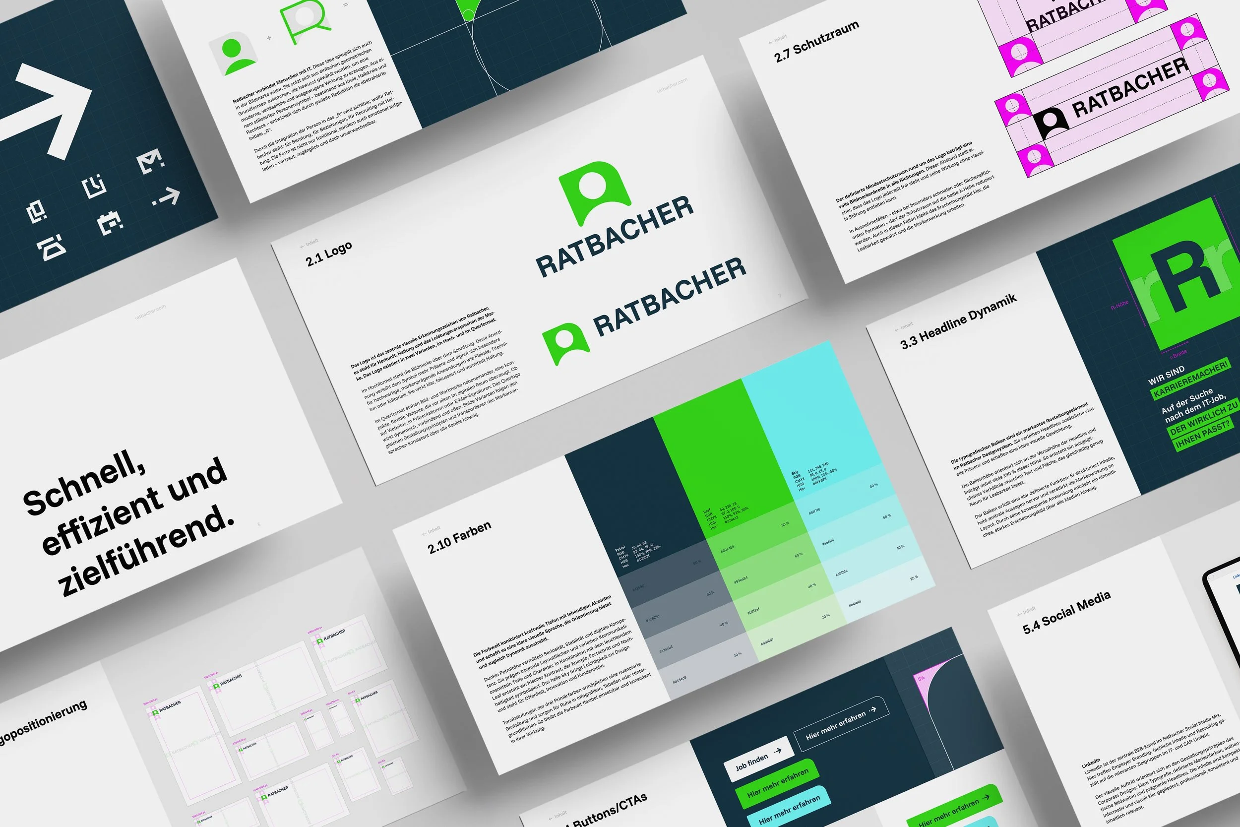 Mehrere Präsentationsseiten einer Markenentwicklung für das Logo "RATBACHER" mit Text, Farben und Logo-Design-Details.