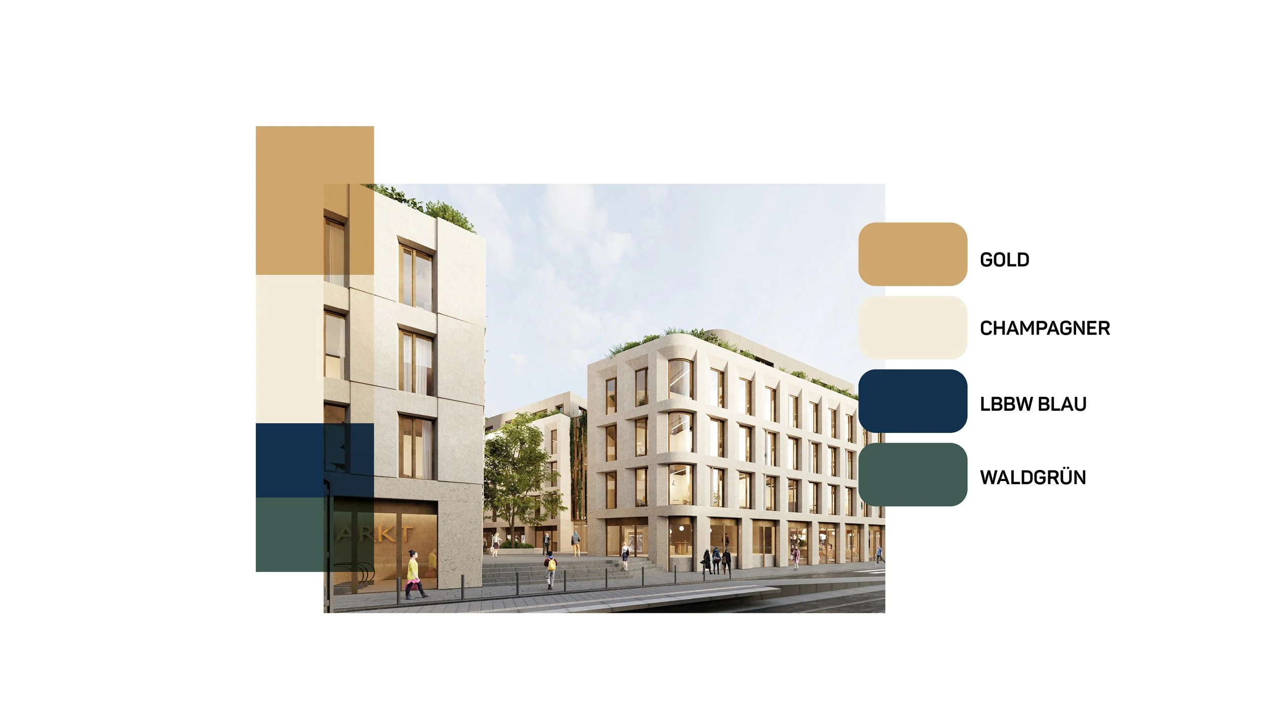 Architektonische Visualisierung eines modernen Gebäudes mit mehrerer Etagen, großen Fenstern und begrüntem Dach, auf einer städtischen Straße mit Fußgängern. Farblegende auf der rechten Seite zeigt Gold, Champagner, LBBW Blau und Waldgrün.