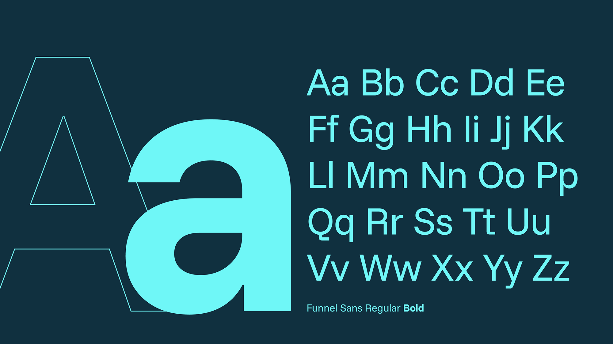 Grafik eines Alphabets mit Groß- und Kleinbuchstaben in einer Schriftart namens Funnel Sans, normal und fett, auf dunkelblauem Hintergrund, mit geometrischen Formen und einer großen, blauen Nummer 2.