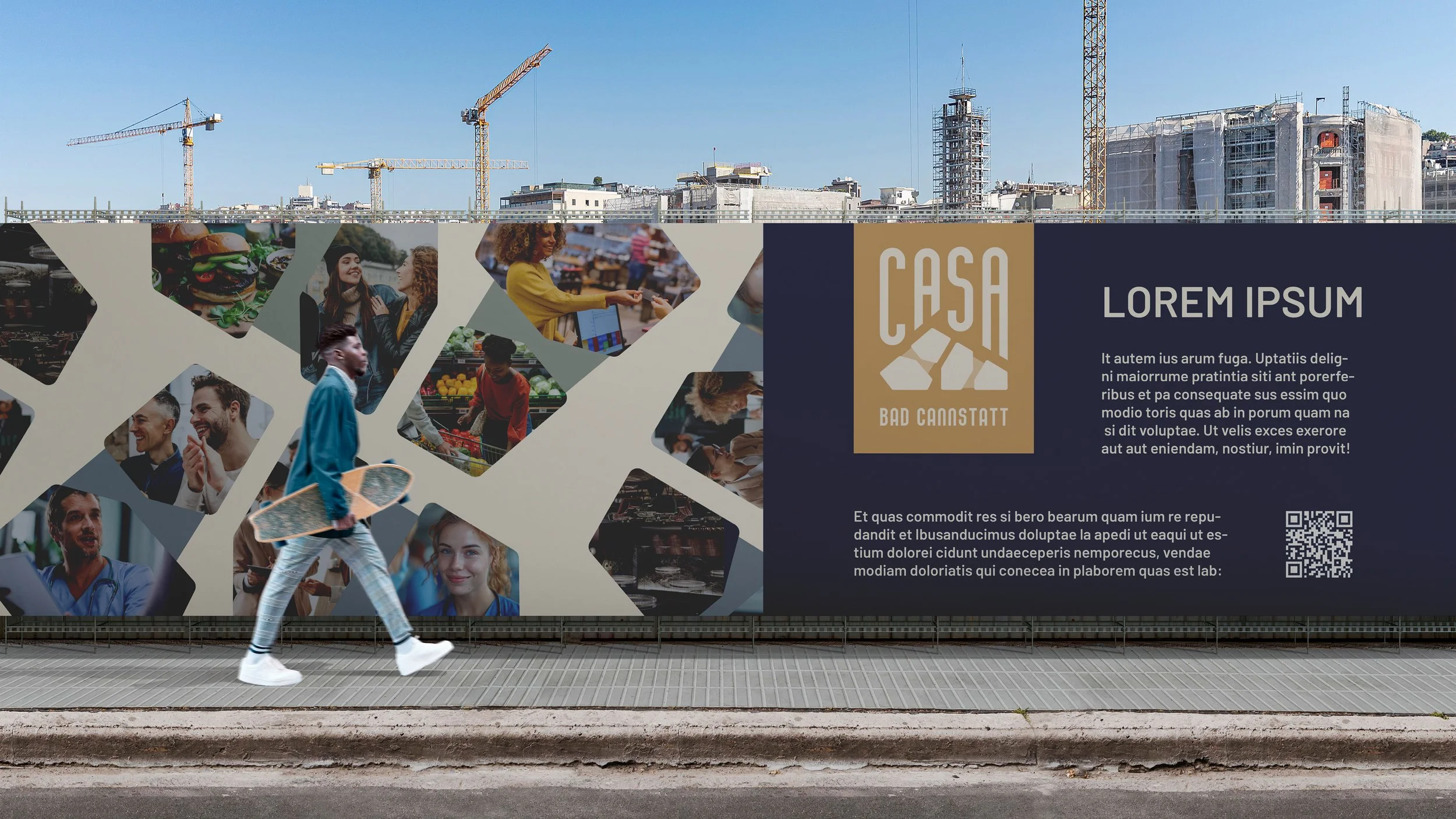 Werbetafel für Bad Canstatt in Deutschland mit Bildern von Menschen, Einkaufsszenen, Restaurants und Stadtszenen, und Text in deutscher Sprache.