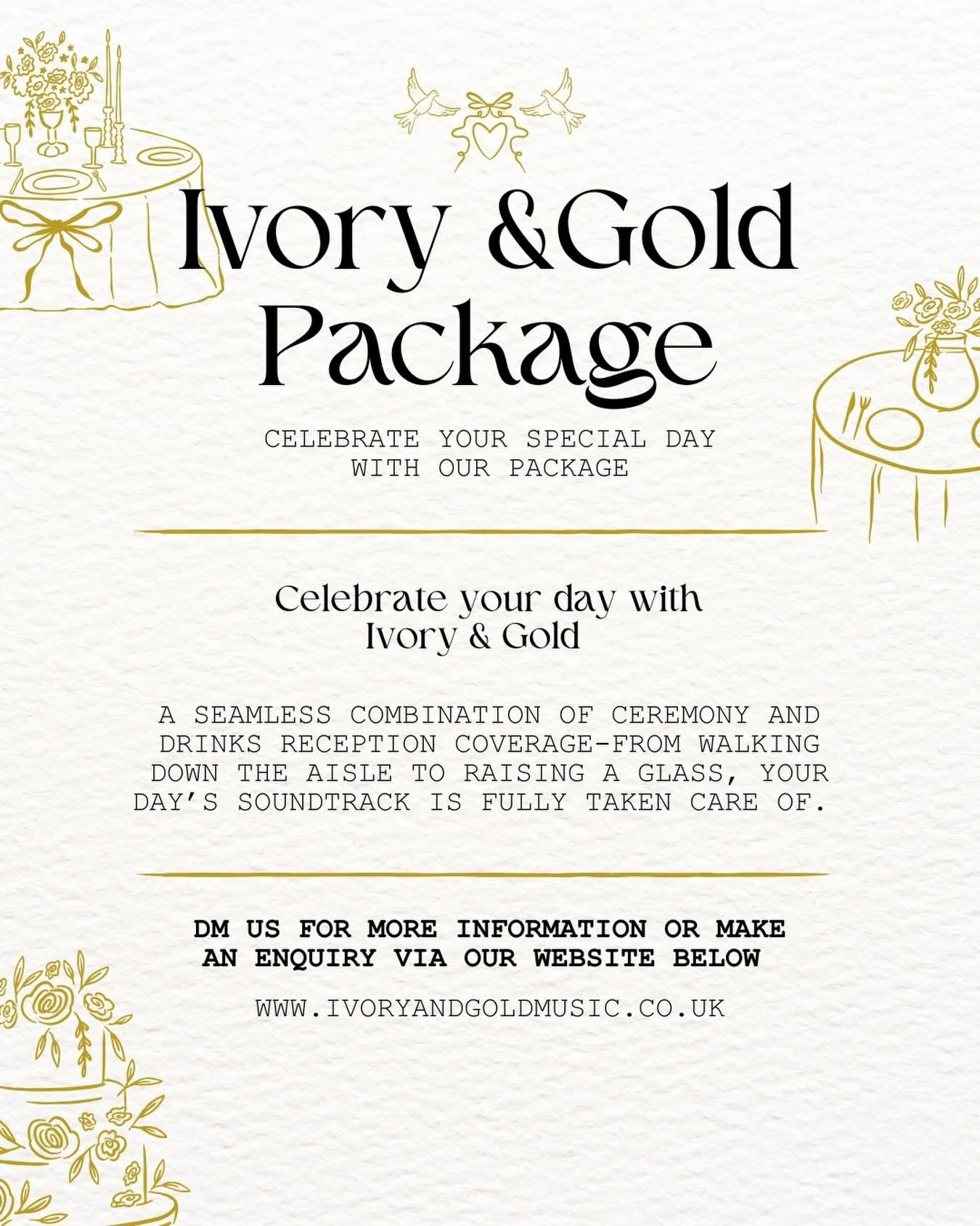 ✨The Ivory and Gold Package✨

From walking down the aisle to clinking glasses at cocktail hour 🕊️🥂This is our most loved package 🪩

Dm us or enquire through our website (link in bio) for more info 🍾⭐️