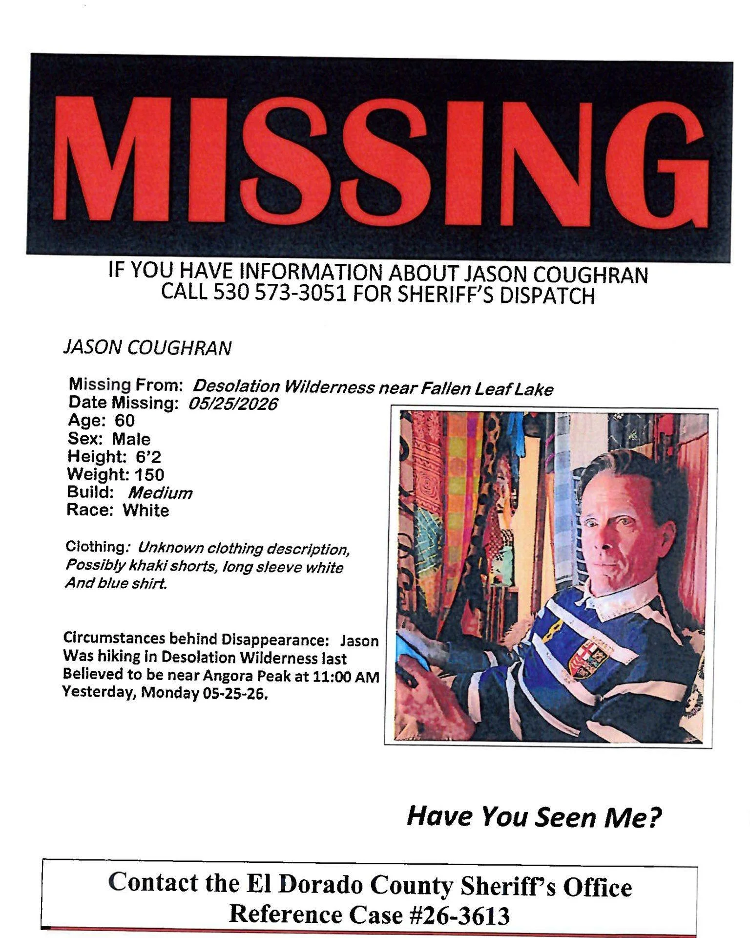 Autoridades buscan a Jason Coughran tras desaparecer en Desolation Wilderness