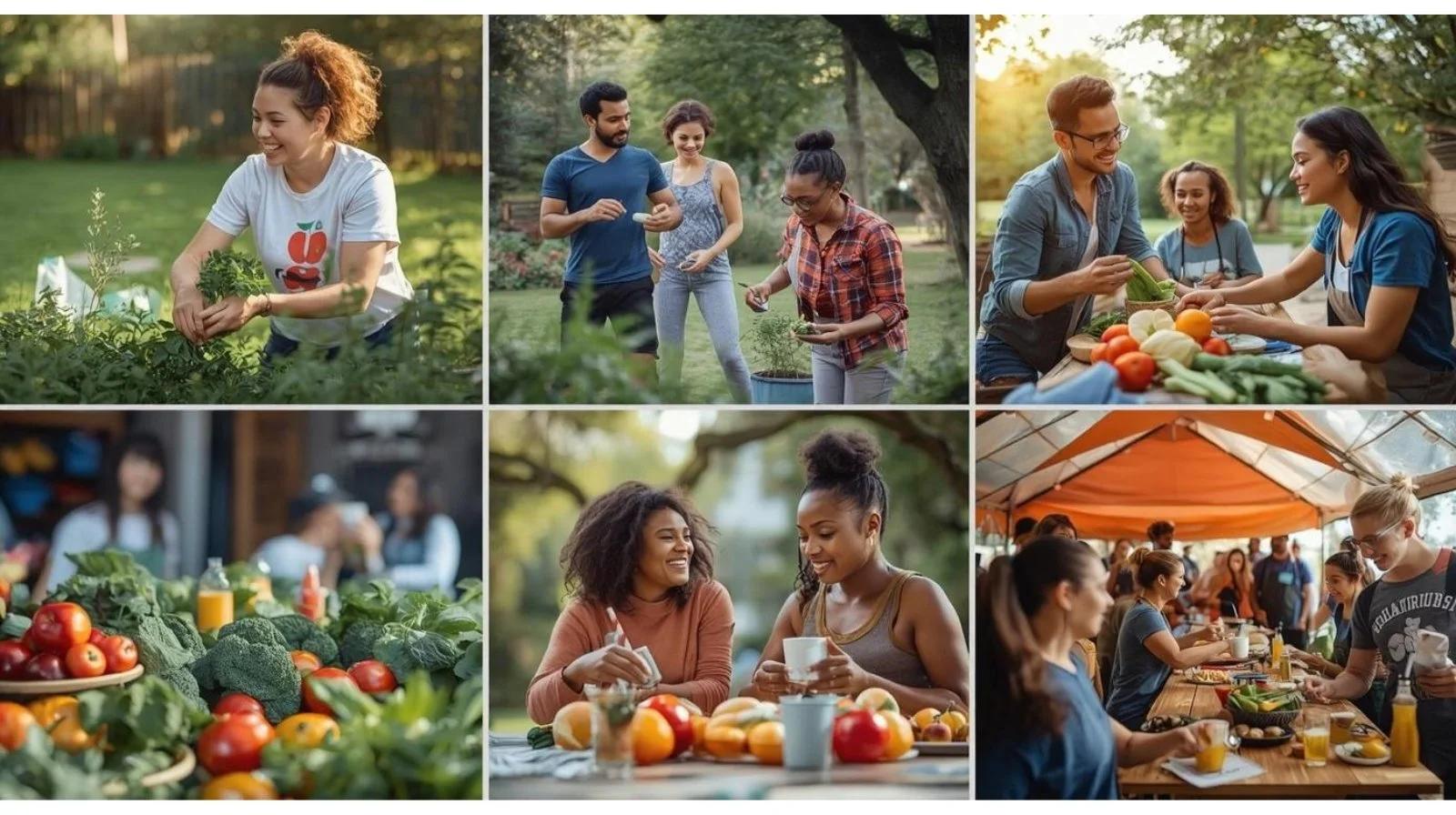 Six images of diverse people growing, eating and purchasing fruits and vegetables.