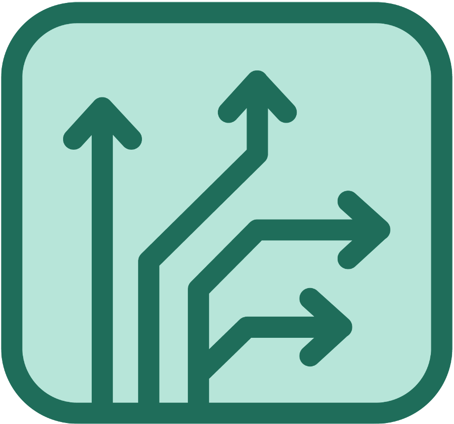 Icon depicting upward, upward, and rightward arrows indicating directions for growth or progress.