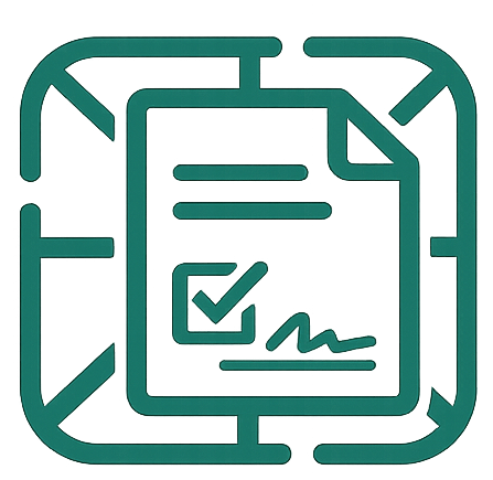 Icon of a document with a checkmark, inside a rounded square frame.