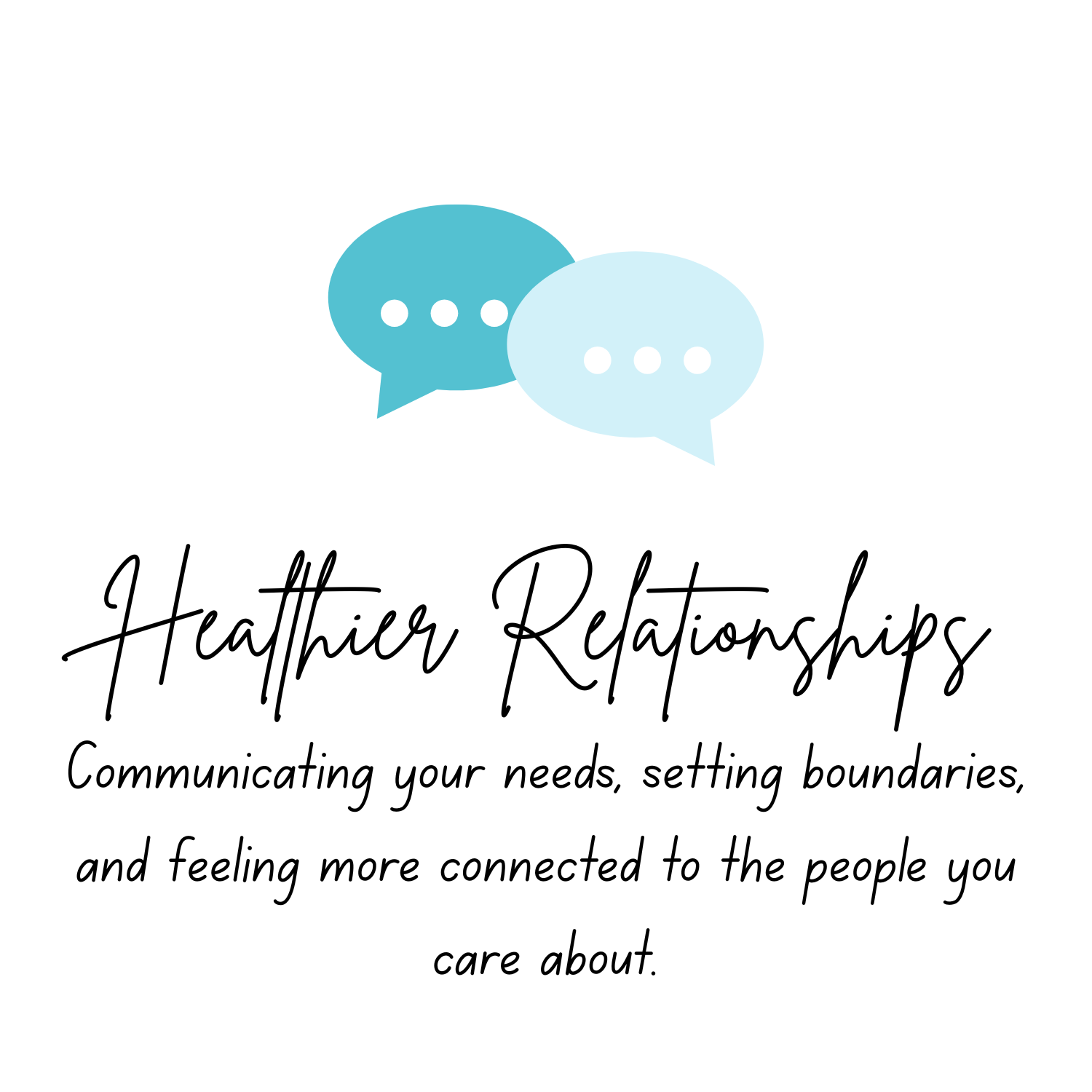 Image with two speech bubbles, one teal and one light blue, overlapping. The text 'Healthier Relationships' in large, cursive font and smaller text about communicating needs, setting boundaries, and feeling connected.