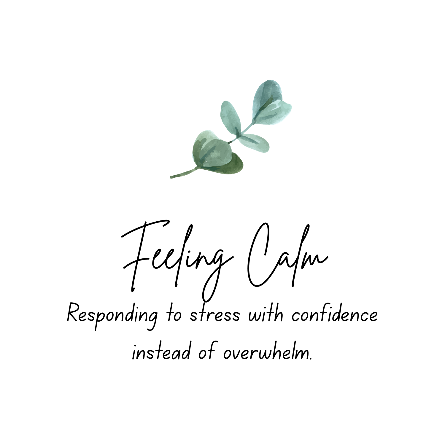 A minimalist design with a small watercolor illustration of a green eucalyptus branch at the top, followed by the bold, cursive text 'Feeling Calm,' and additional smaller text underneath that reads, 'Responding to stress with confidence instead of overwhelm.'