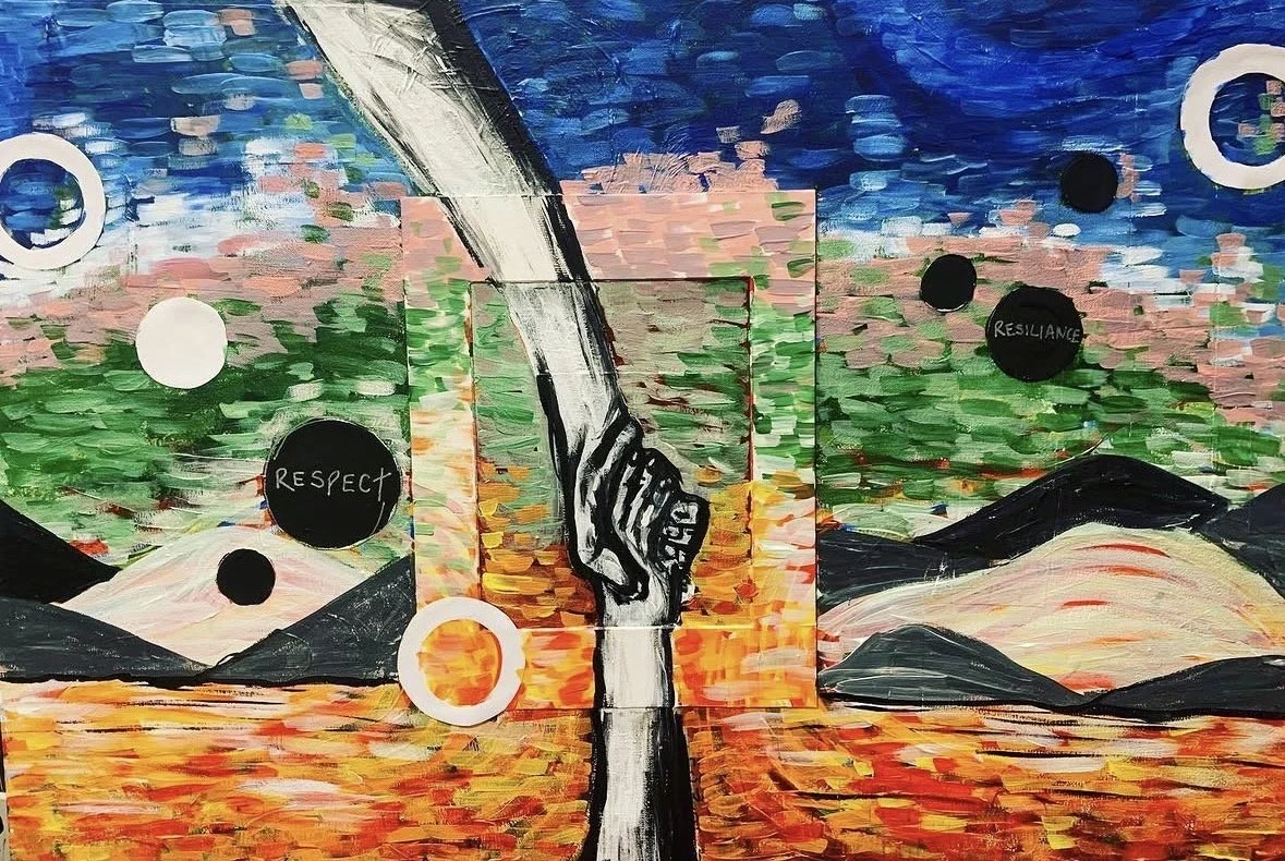 A colorful abstract mural depicting a hand gripping a ladder against a vibrant landscape background with hills, mountains, and a sky filled with dynamic brush strokes and floating circles. The mural features words like 'RESPECT' and 'RESILIENCE' within some of the circles.