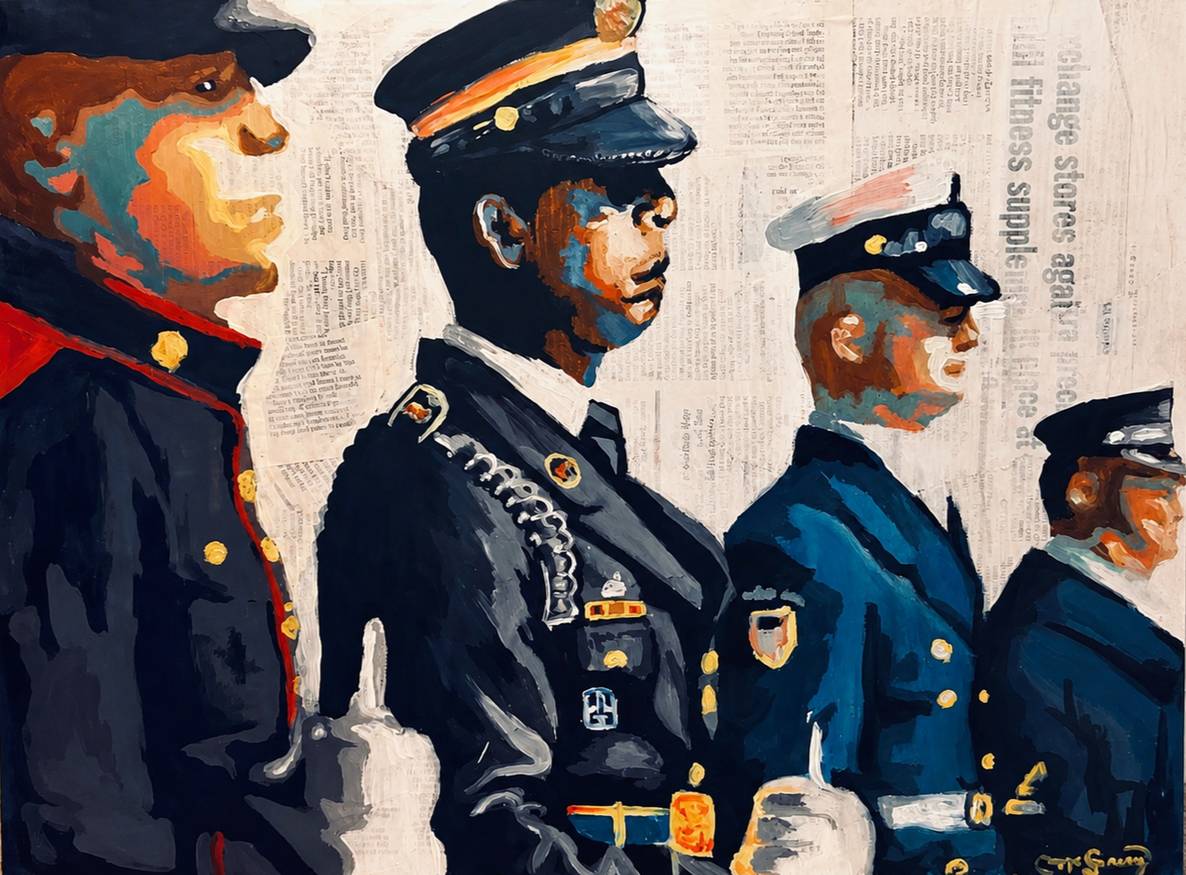 Painting of four African American military officers in uniform with newspaper background.