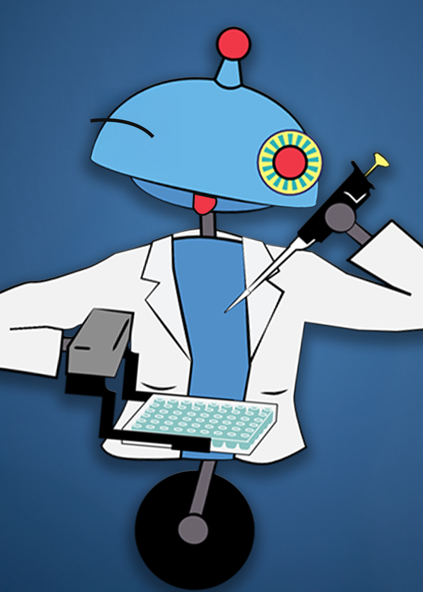 Cartoon robot character with large blue head, red antenna, wearing a white lab coat, holding a petri dish in one hand and a pipette in the other, with a microscope in front of it.
