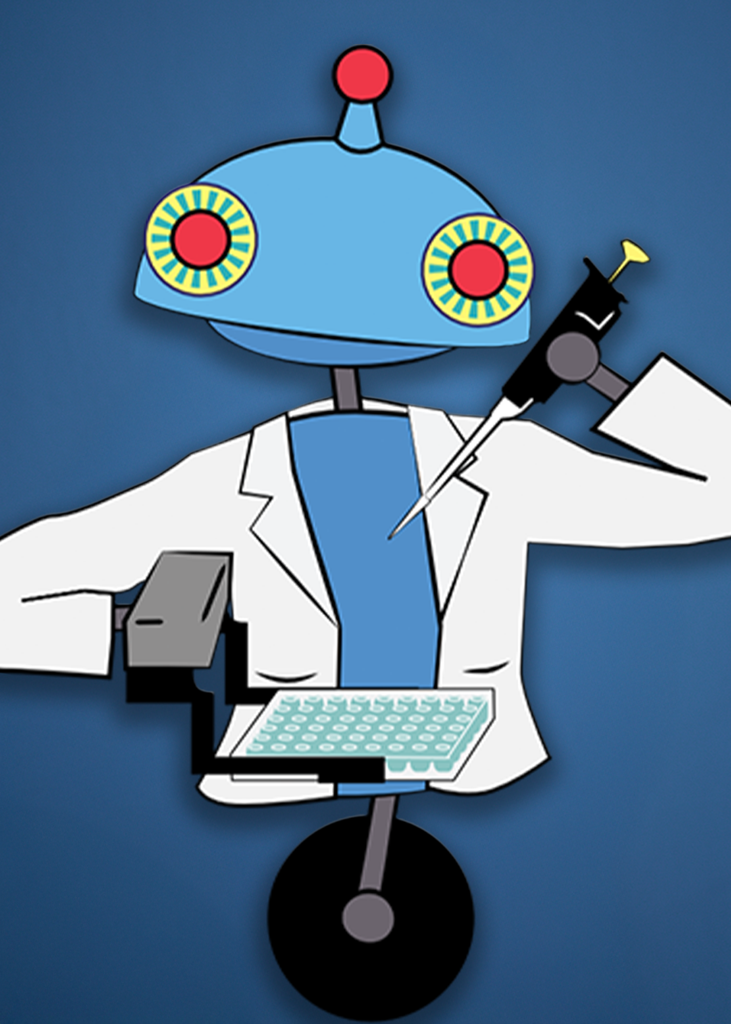 A cartoon robot dressed as a scientist with an electronic eye, holding a syringe and working with a lab setup.