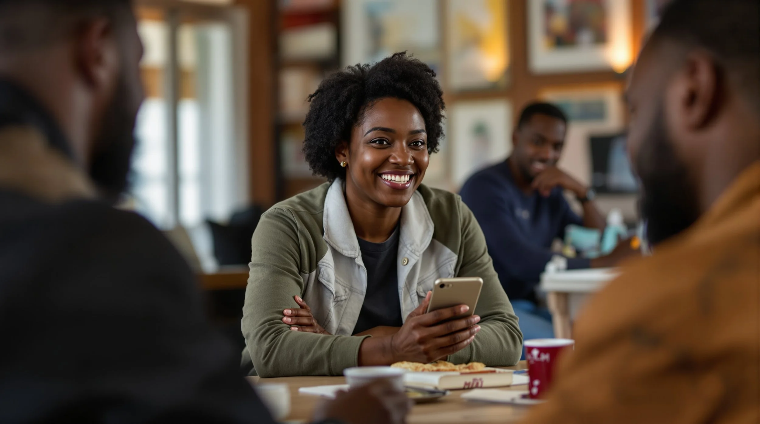 A woman smiling and holding a smartphone in a casual setting with two men in the foreground and another man in the background, sitting at a table with food and drinks.