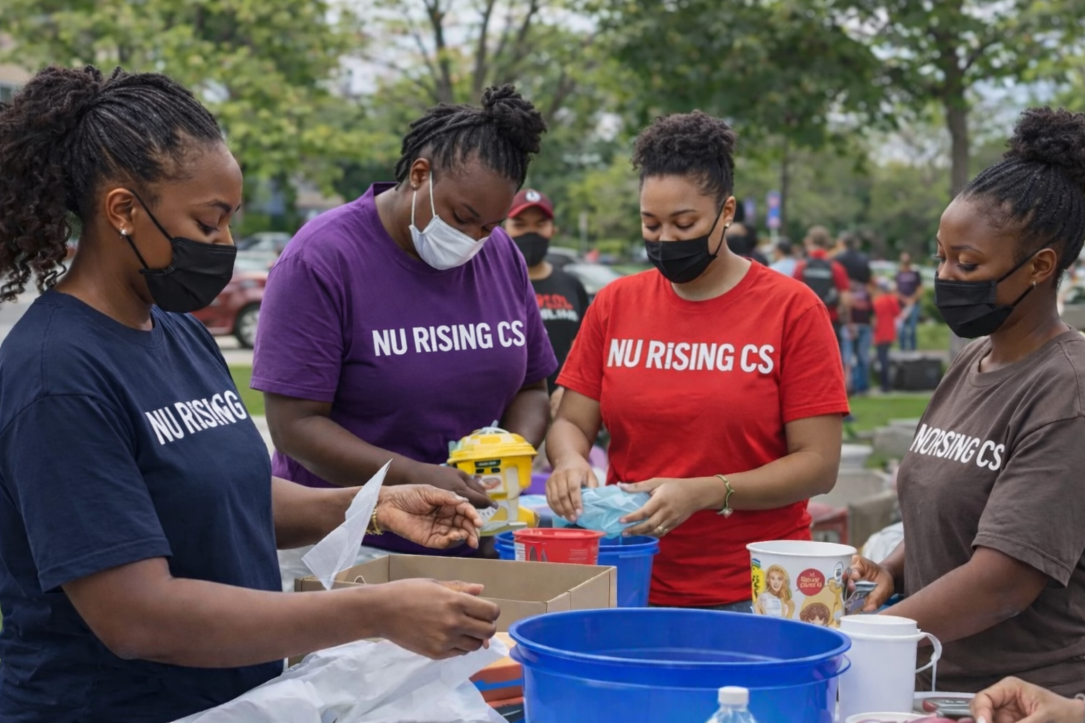Four women wearing masks and matching t-shirts that read 'NU RISING CS' gather outdoors around a table with supplies, preparing or distributing items.