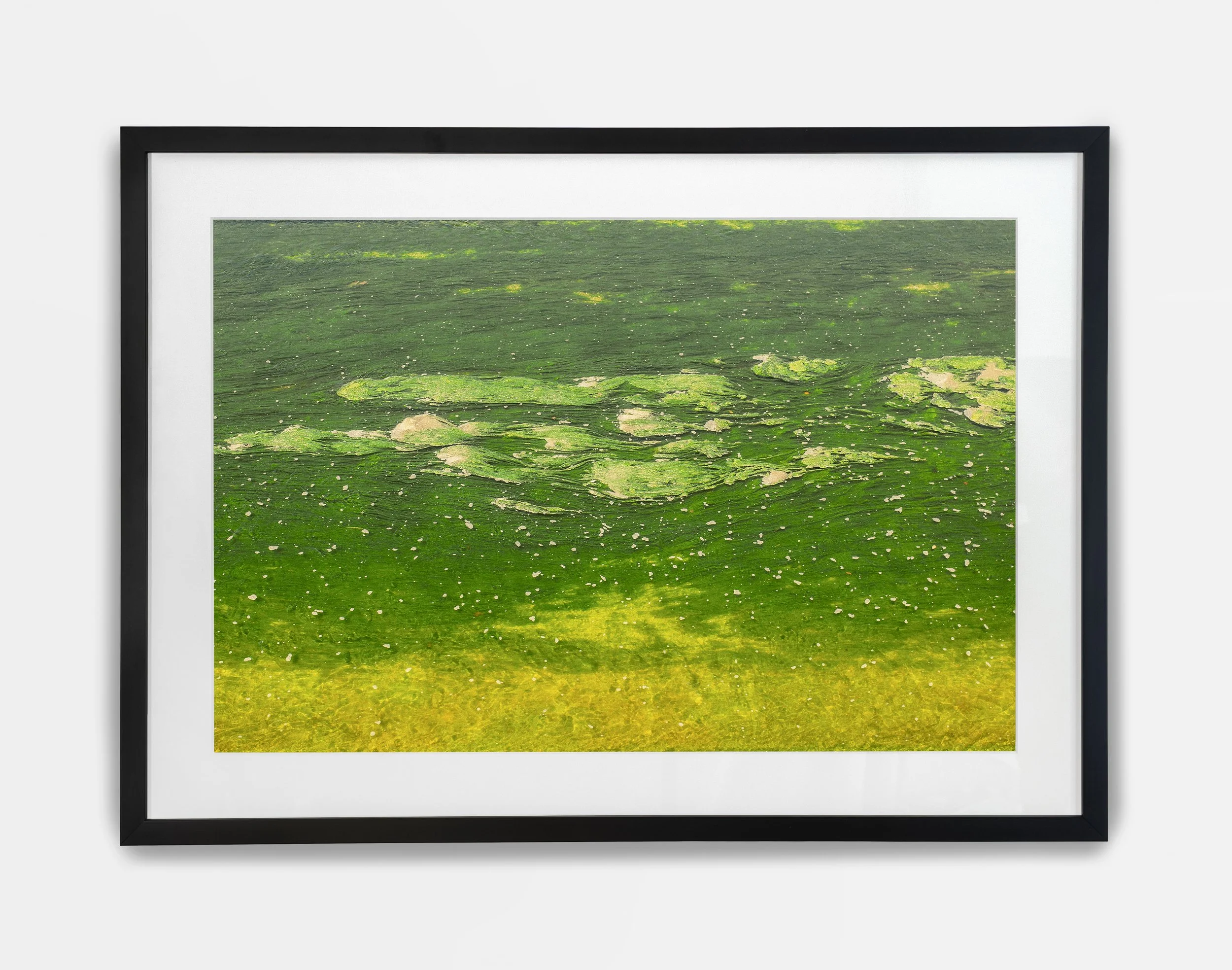 Close-up view of a framed landscape painting featuring green land with patches of yellow and beige, mounted on a white wall.