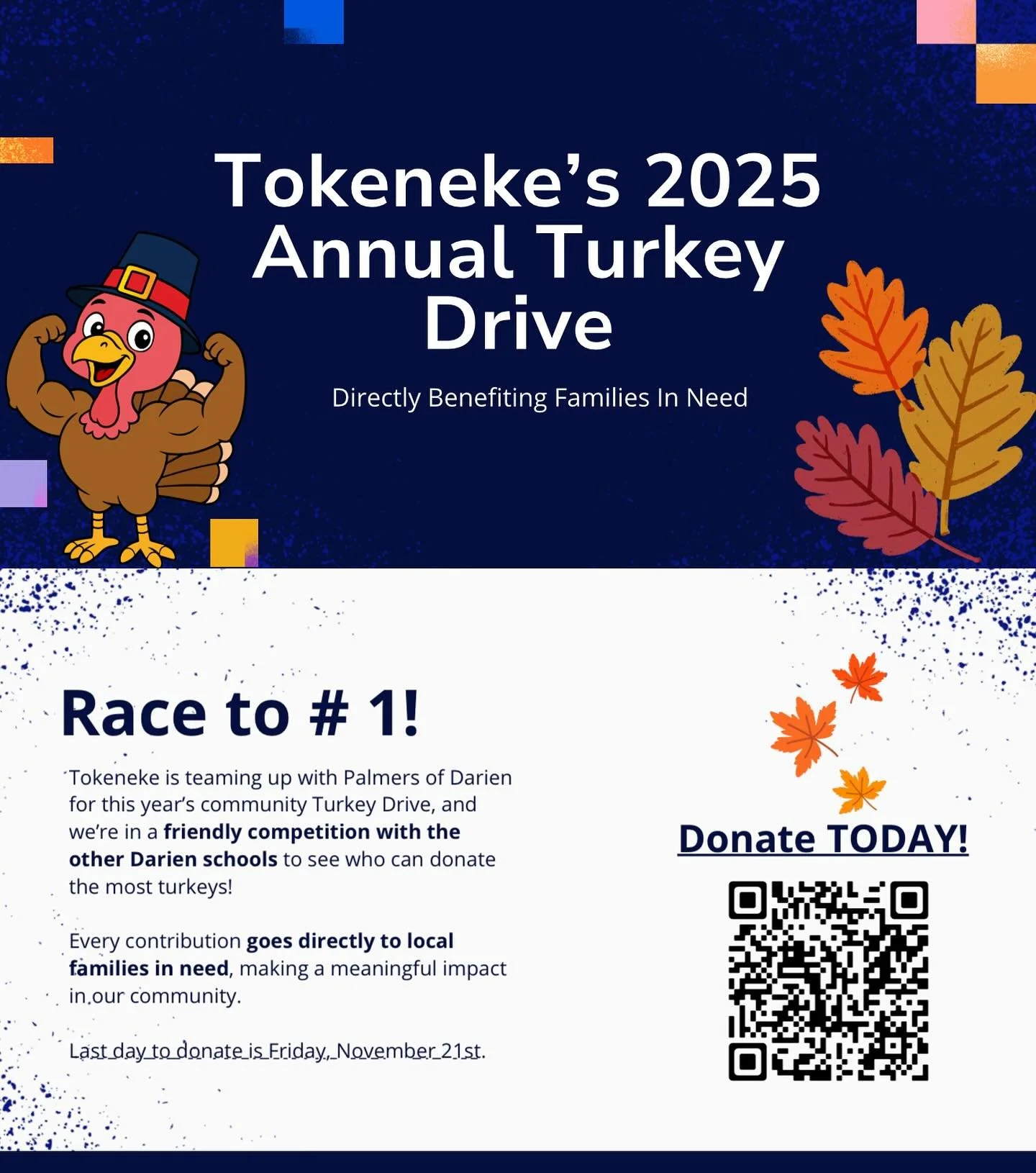 🦃Tokeneke is teaming up with Palmers of Darien for this year&rsquo;s community Turkey Drive, and we&rsquo;re in a friendly competition with the other Darien elementary schools to see who can donate the most Turkeys! 
🍗Every contribution goes direct