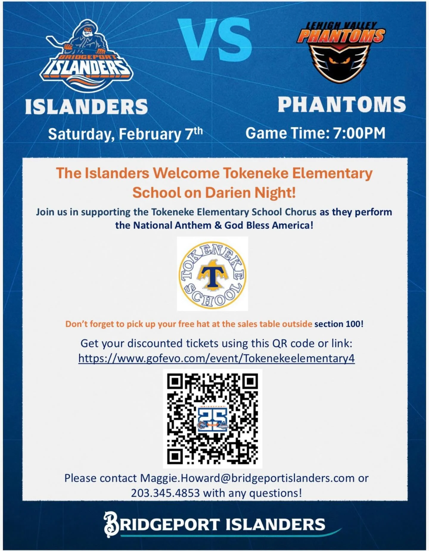 🏒Get ready for some fast-paced hockey action as the Bridgeport Islanders take on the Lehigh Valley Phantoms at the Tokeneke Family Fun Night-Saturday, 02/07 at 7pm. The Tokeneke chorus, along with the choruses from all 4 Darien elementary schools, w