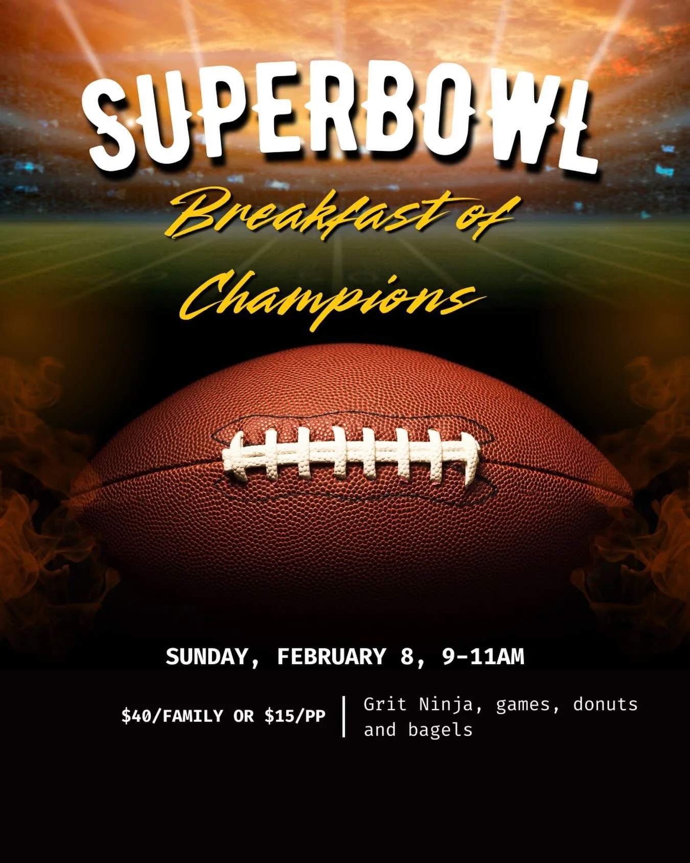 🏈Are you ready for Grit Ninja, Games, Donuts &amp; Bagels? A true breakfast of champions!

🏈The Tokeneke Annual Super Bowl Breakfast of Champions is back! Enjoy two fun-filled hours of Grit Ninja, games, donuts and bagels before the big game, on Su