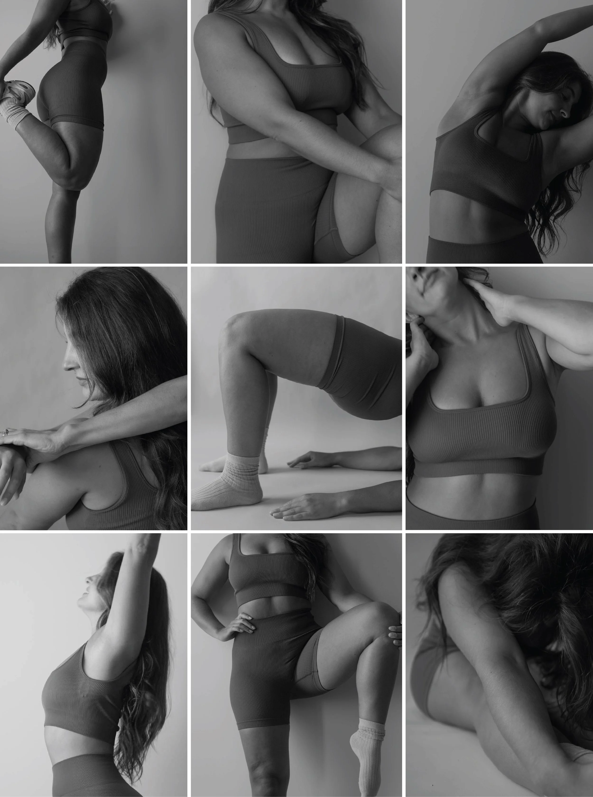 Black and white brand images of a woman stretching for a holistic wellness studio.