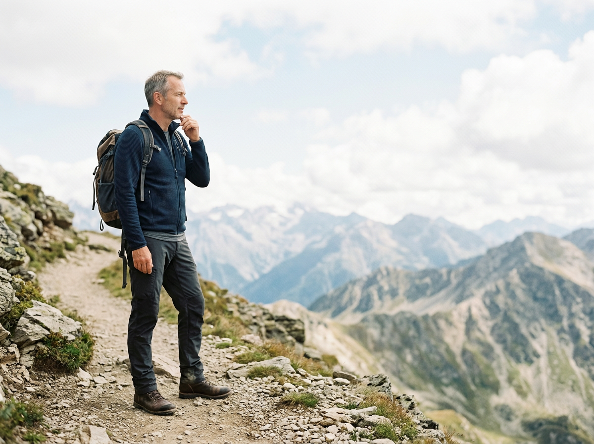Coaching and Mentoring for men 50+ exploring the next life chapter  - Man on a mountain path looking at what was and what is to come.
