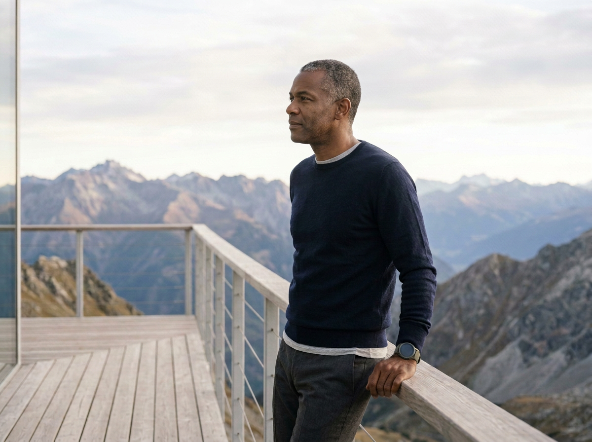 Coaching and mentoring for men50+ - it is reinventing yourself, it is finding purpose and significance within your inner self - Man comfortable at ease with who he is, standing on balcony.