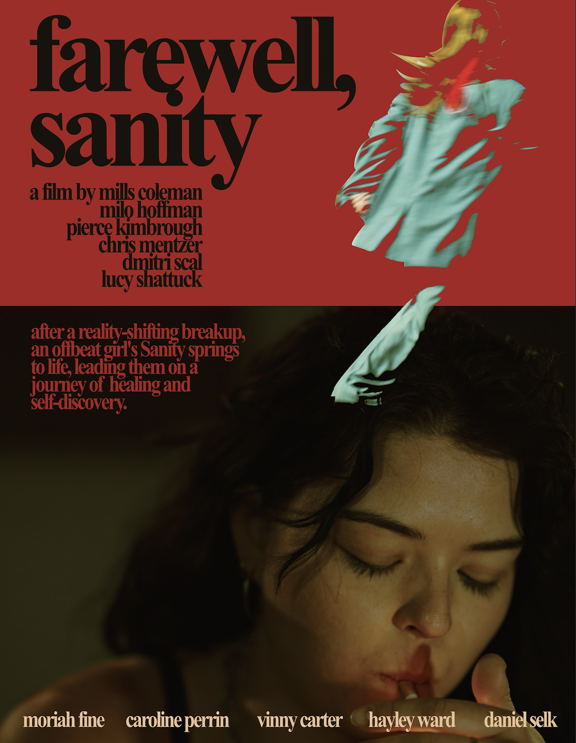 Movie poster for 'Farewell, Sanity' featuring a woman with closed eyes and a cigarette, with a disembodied head floating above her, divided into red and dark sections with text descriptions.