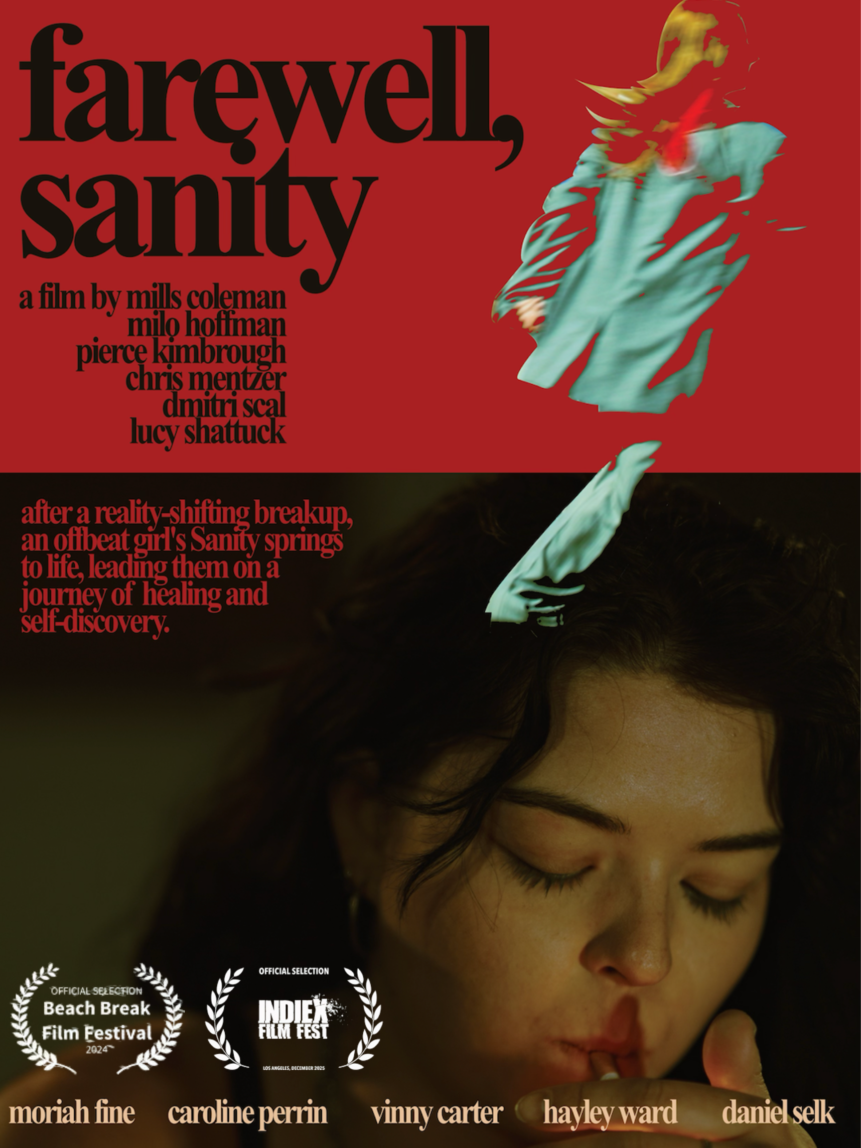 Movie poster for 'Farewell, Sanity' featuring a young woman with closed eyes, holding a cigarette, with a torn photo of a person with blonde hair above her head, red background, and film festival laurels at the bottom.
