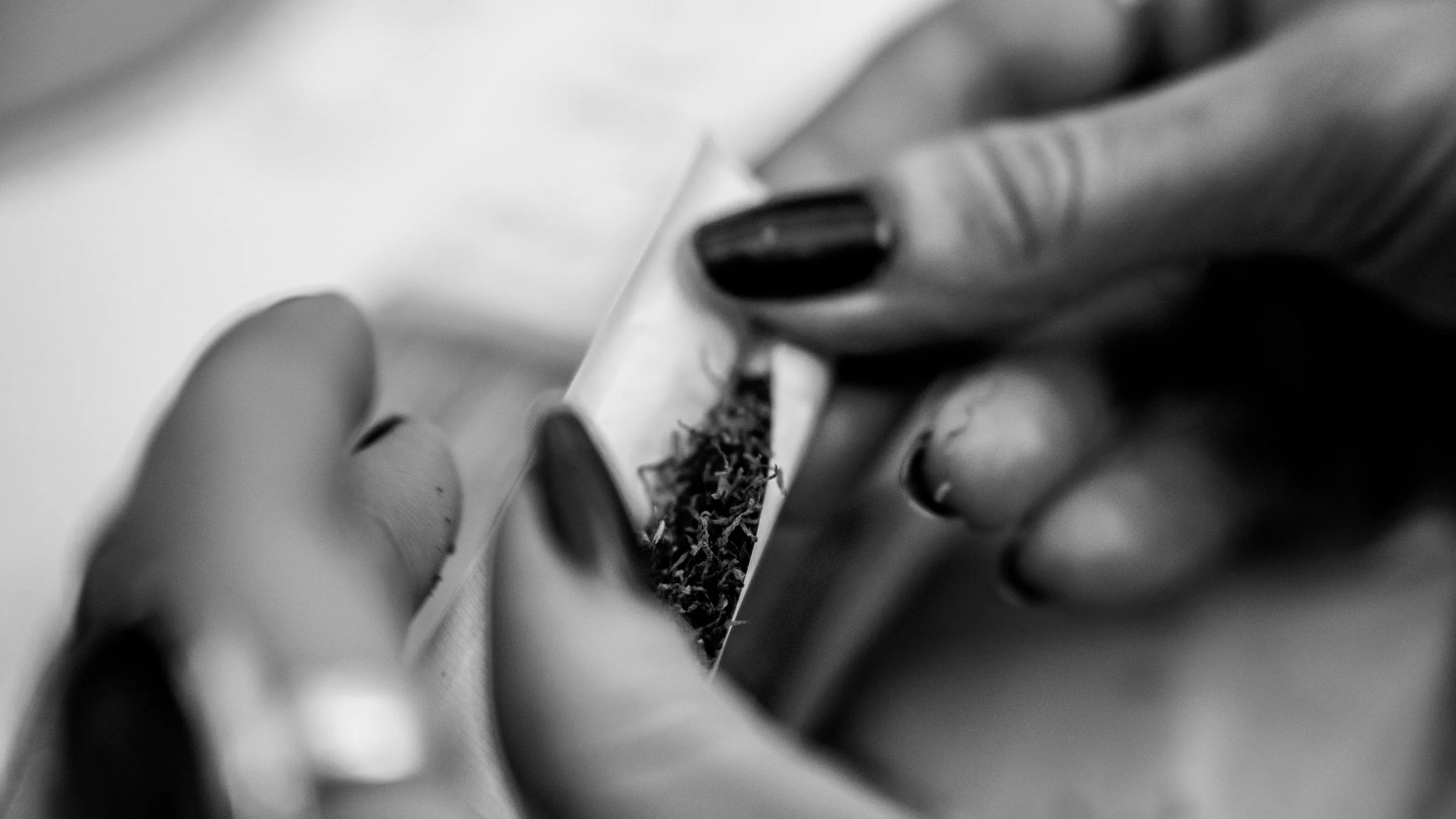 Close-up of a person's hand with black painted nails holding a rolling paper and preparing to roll a cigarette with loose tobacco in black and white.