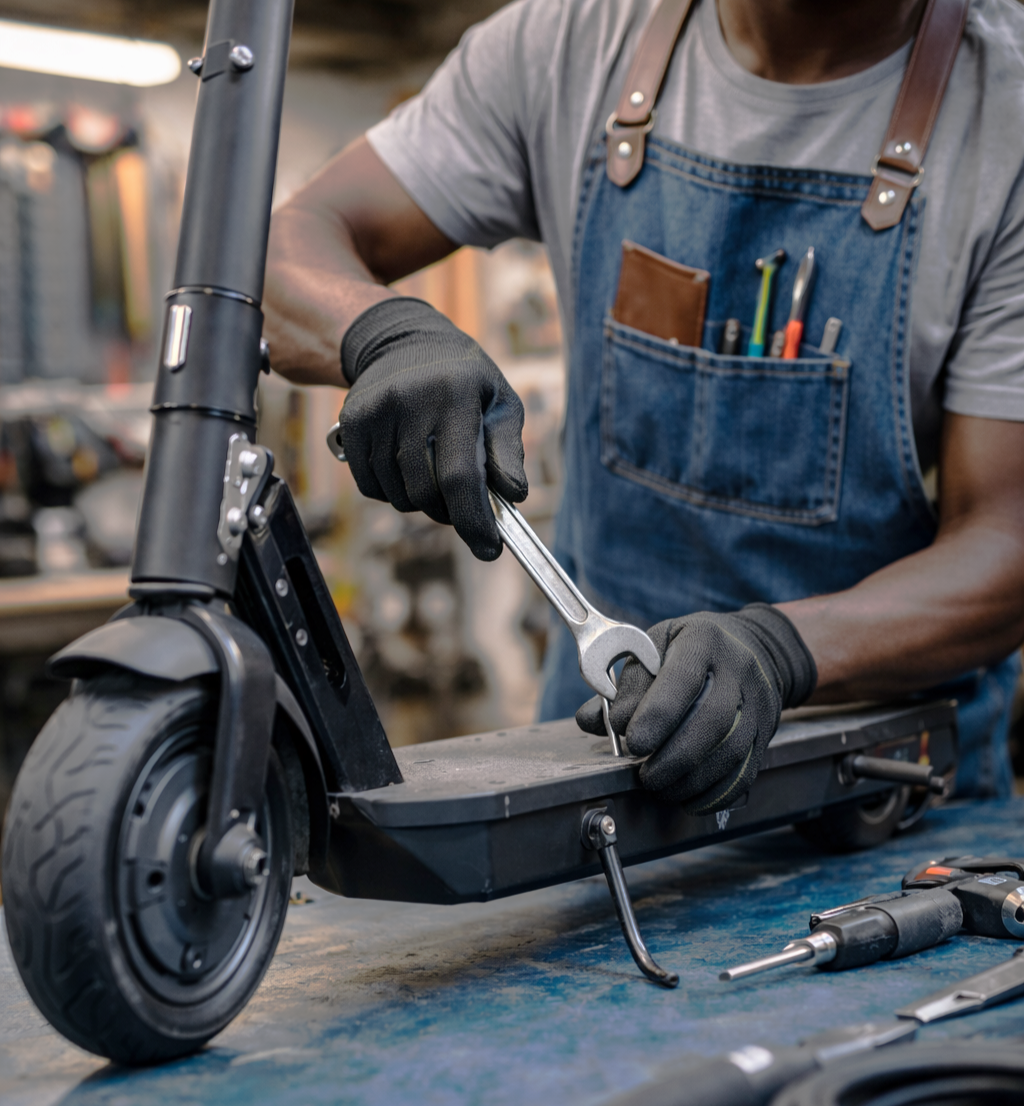 Persona reparando una bicicleta en el taller Monbike, con servicio profesional para bicicletas, e-bikes y patinetes eléctricos.