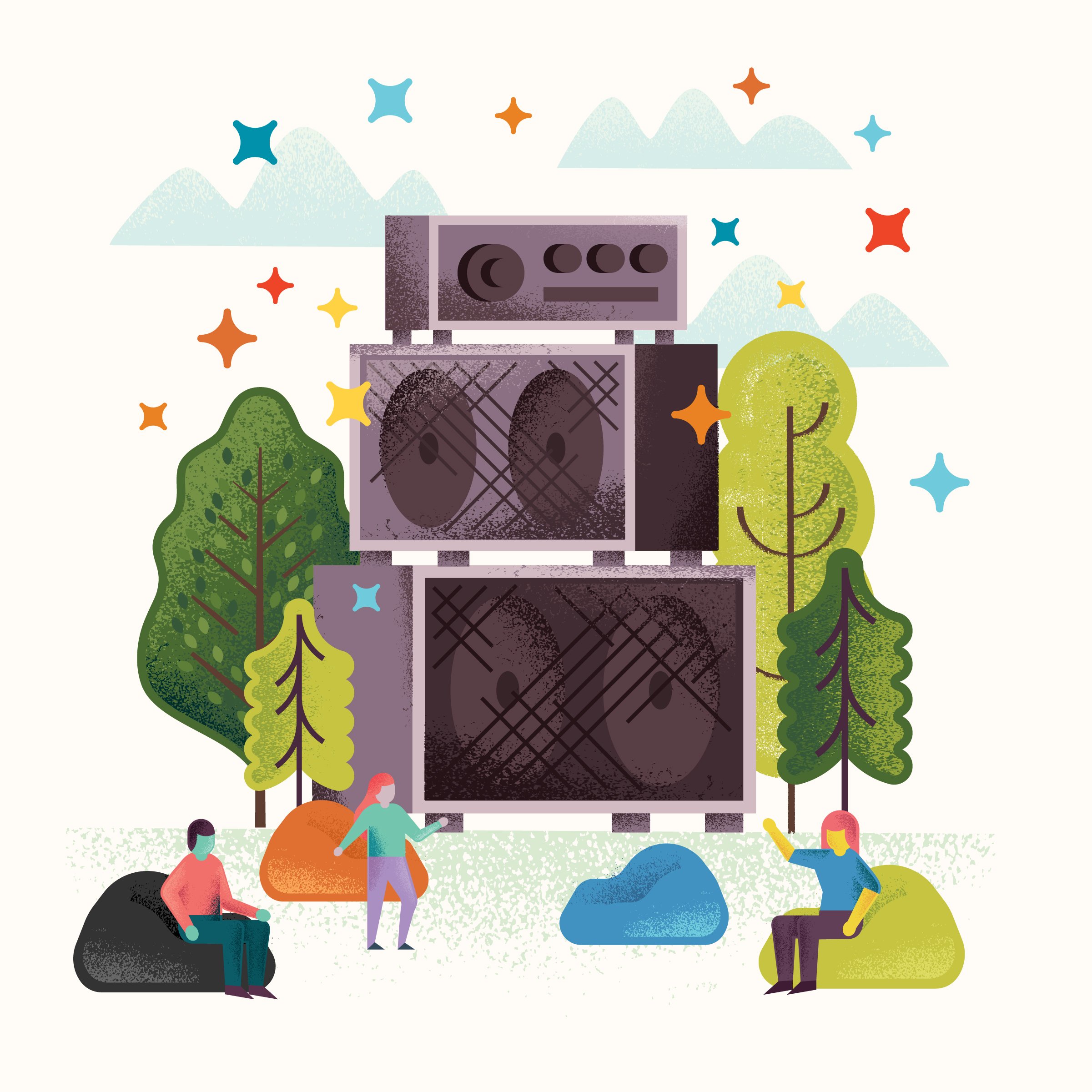 Bliss Fest Listening Den - People hanging out around a stack of speakers enjoying listening to music
