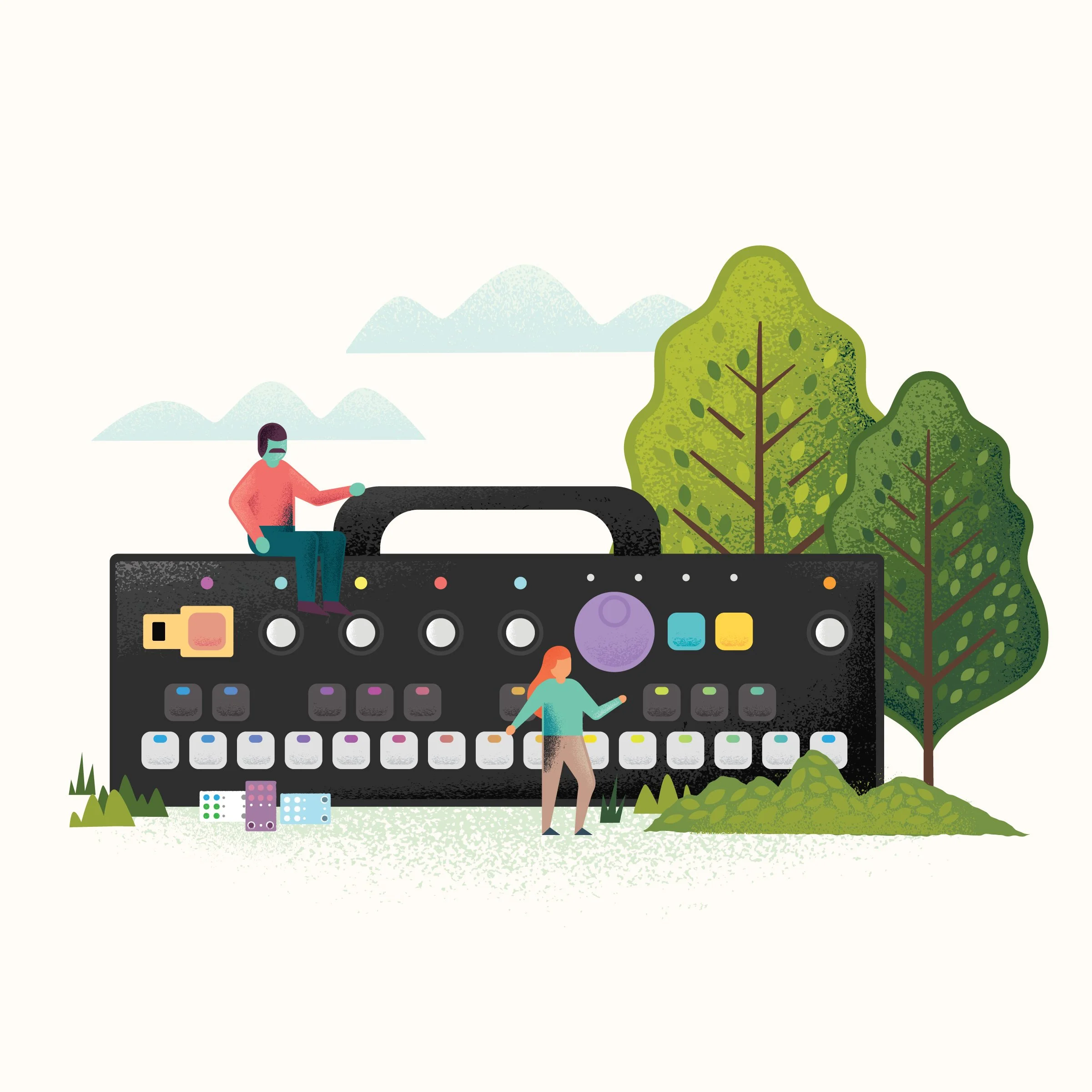 People relaxing around a CHOMPI Club synthesizer.