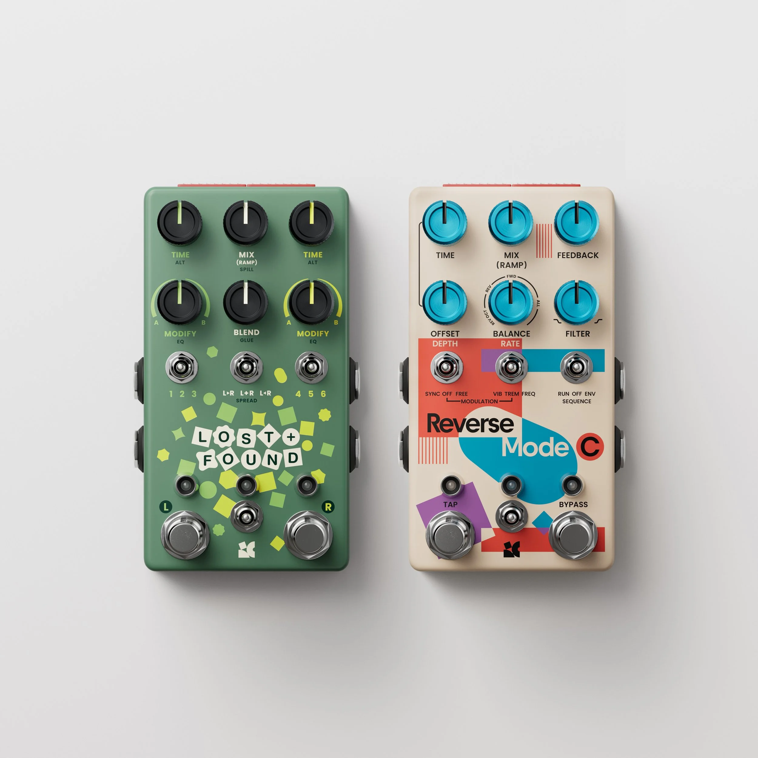 Lost + Found and Reverse Mode C, two effects pedals by Chase Bliss.