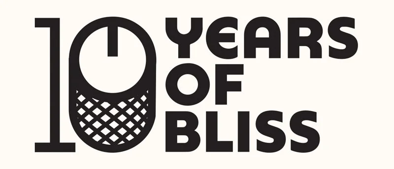 Graphic design celebrating 10 years of happiness with the text "10 Years of Bliss" and a stylized clock face enclosed in a circle.