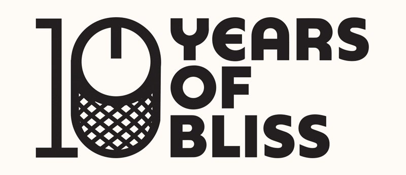 Logo with the text '10 Years of Bliss' and a stylized number 10 with a clock and diamond pattern.