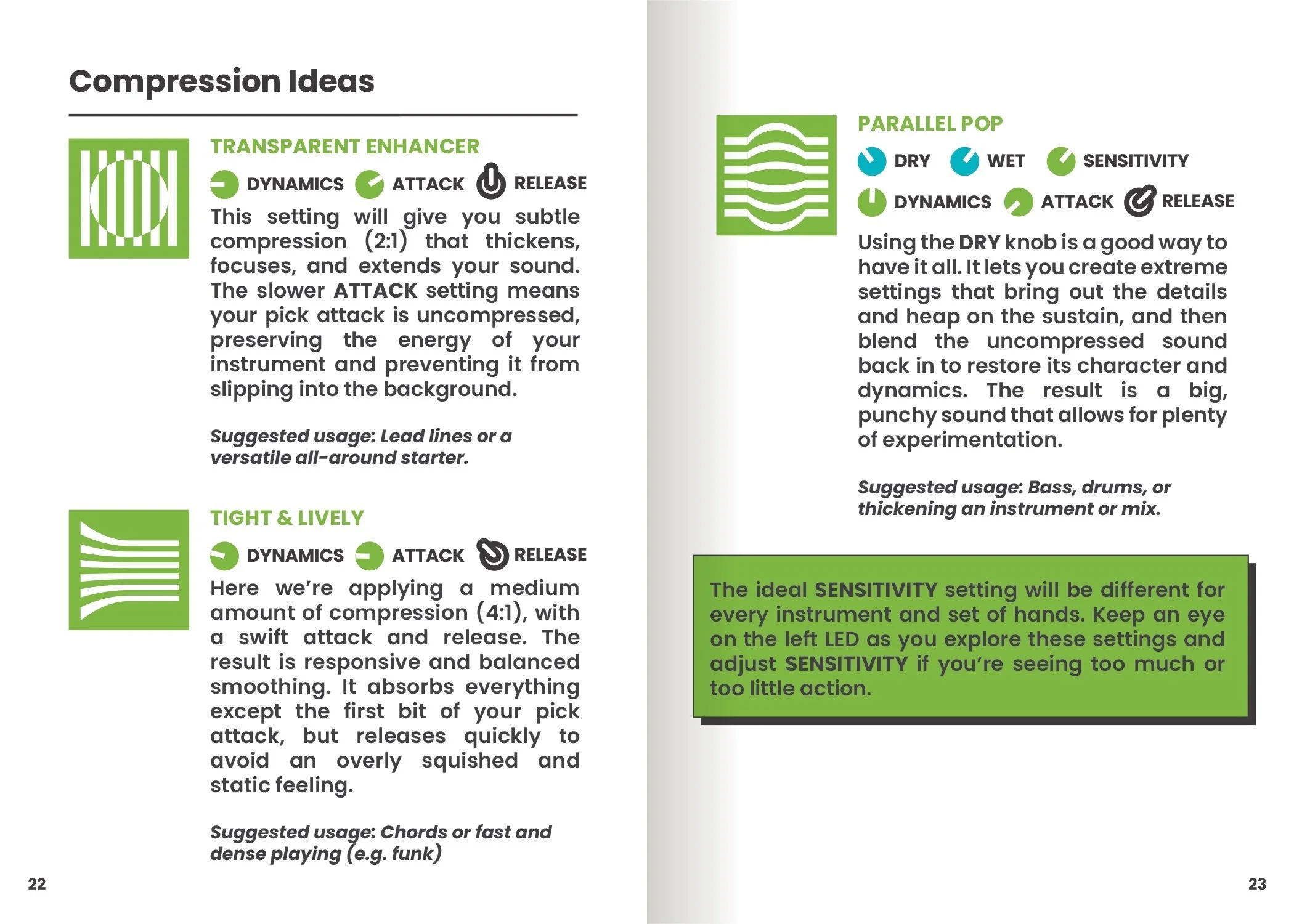 Page from a music production guide titled 'Compression Ideas' with sections on 'Transparent Enhancer,' 'Tight & Lively,' and 'Parallel Pop,' including icons and descriptions for sound compression techniques.