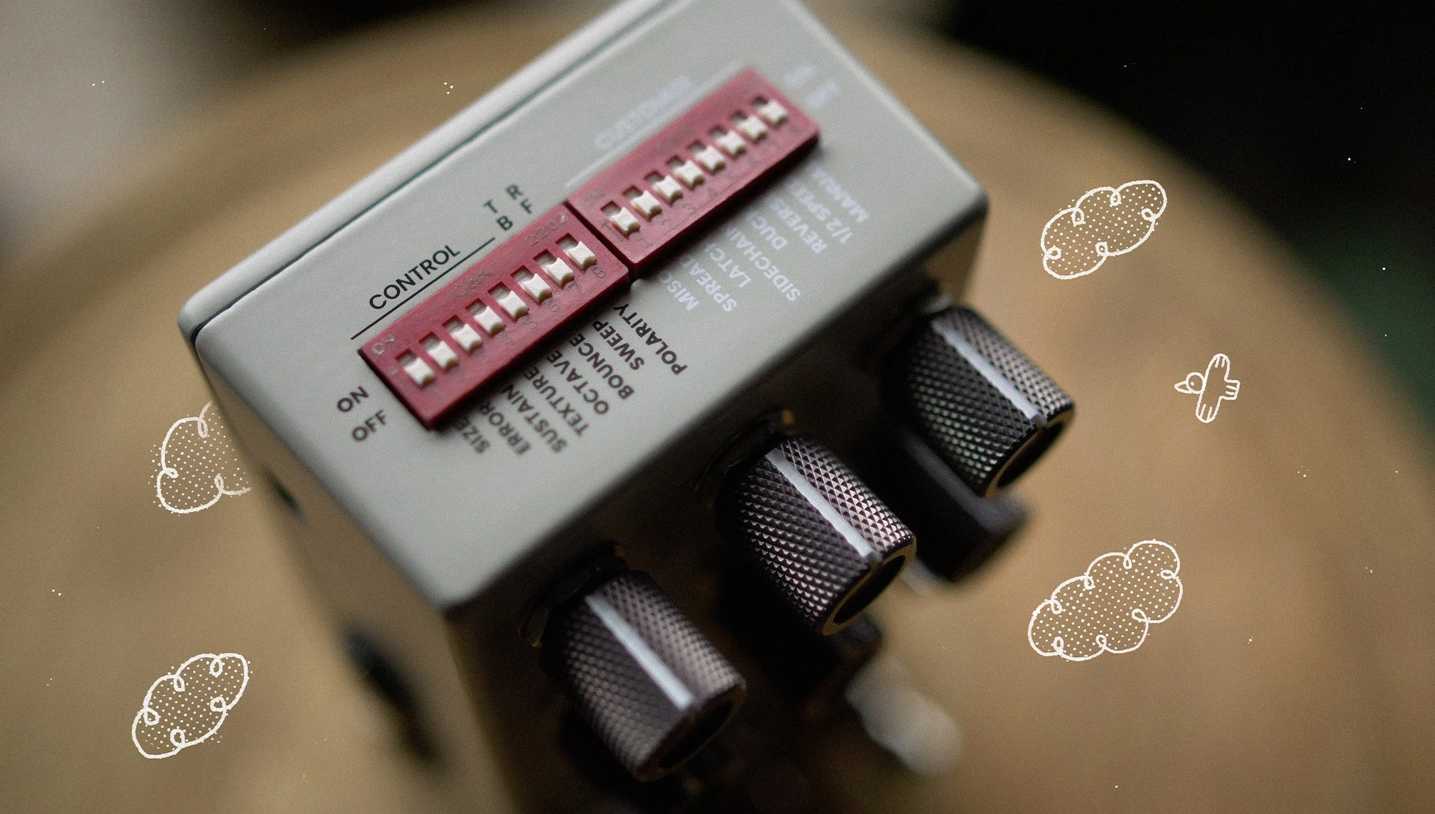 Dip switches on the Onward effects pedal.