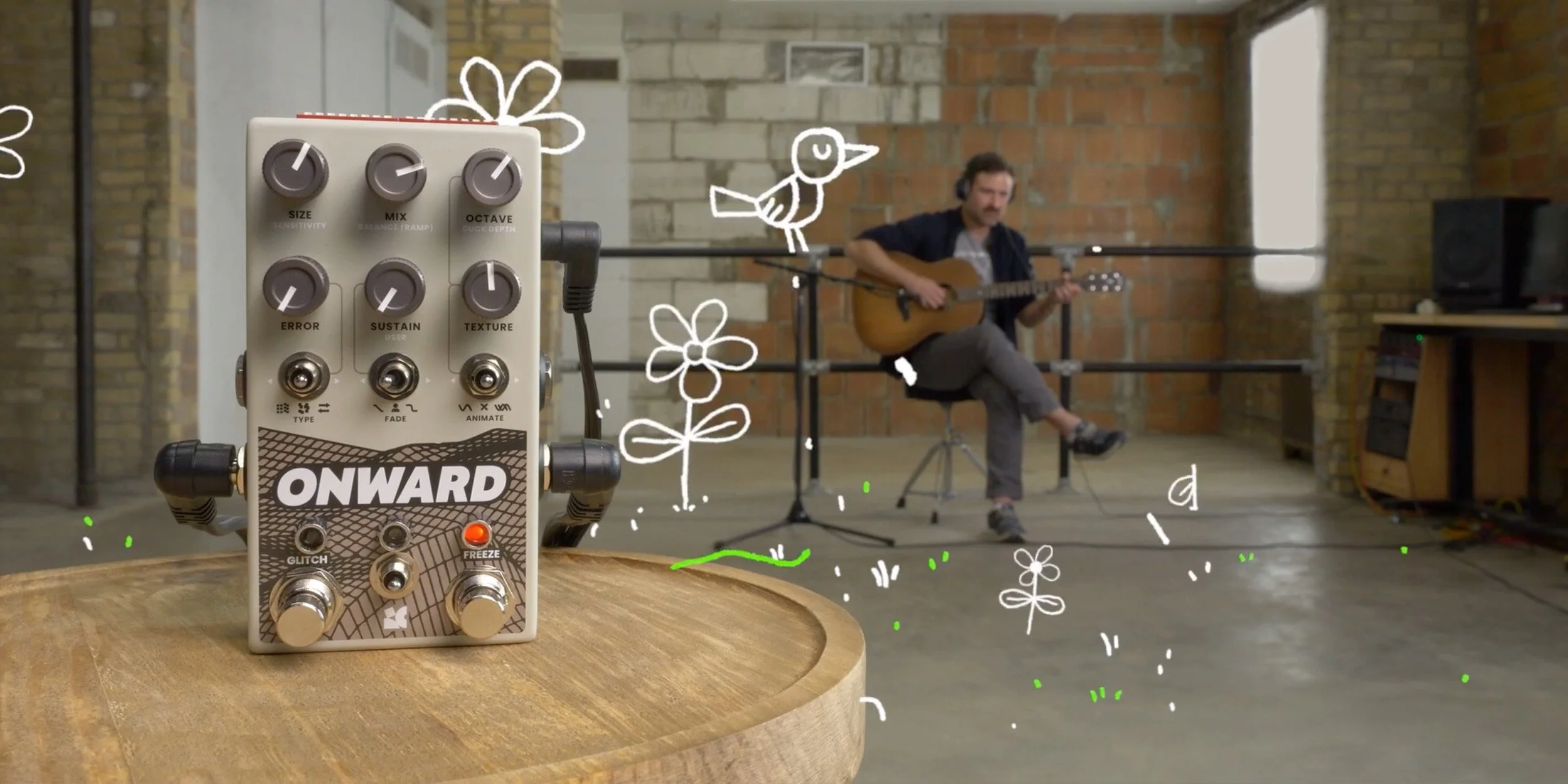 Onward effects pedal with person playing acoustic guitar (Joel Korte).