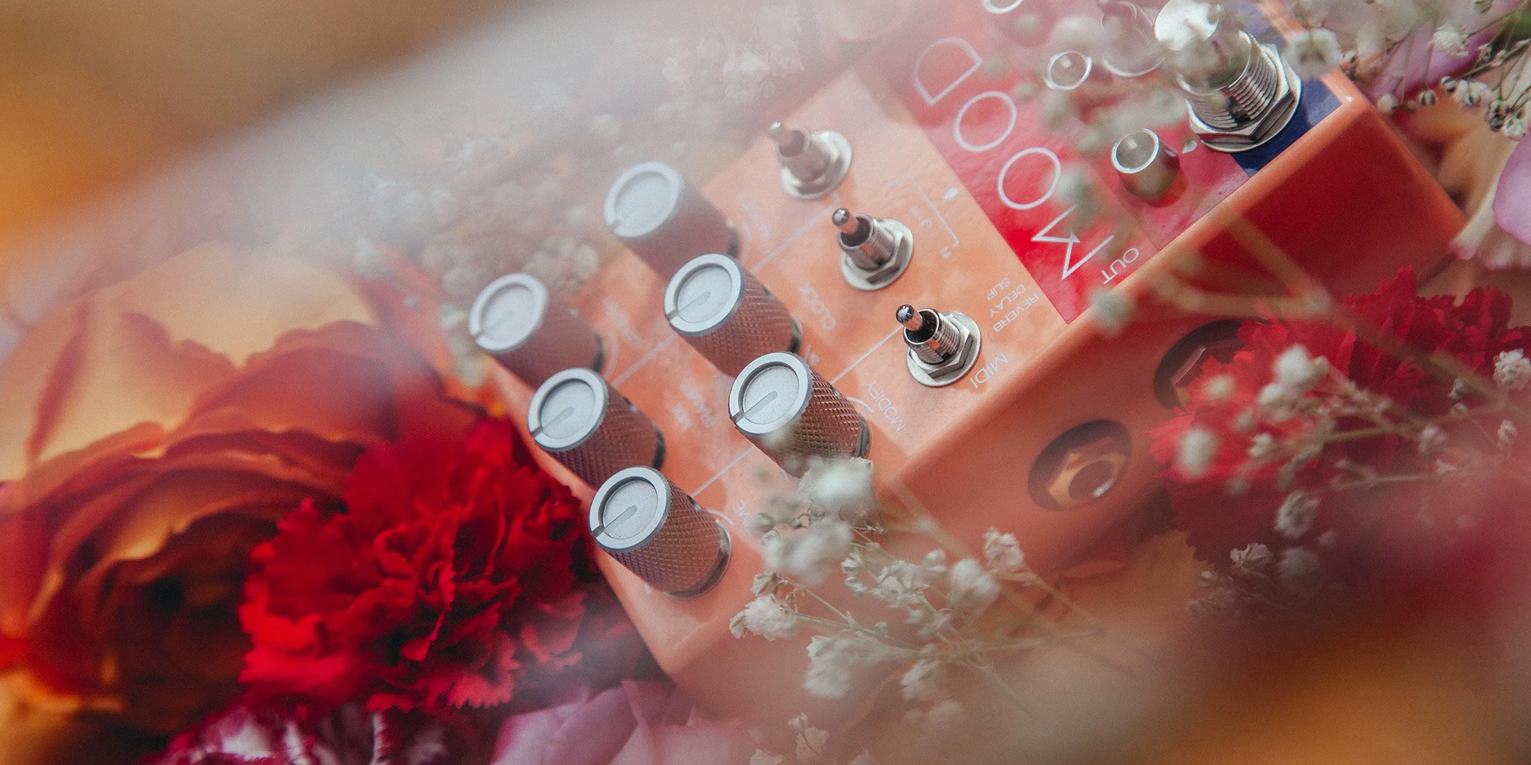 MOOD pedal nestled amongst flowers.