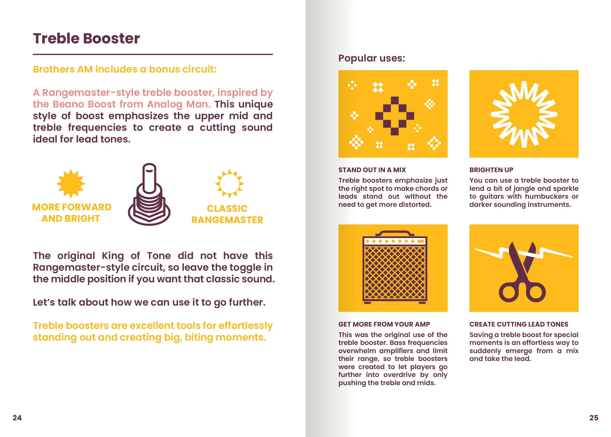 Pages from a music equipment manual discussing treble boosters, their uses, and features such as more brightness, classic sound, and different circuit styles, with icons of a star, a speaker, a guitar amplifier, and scissors.